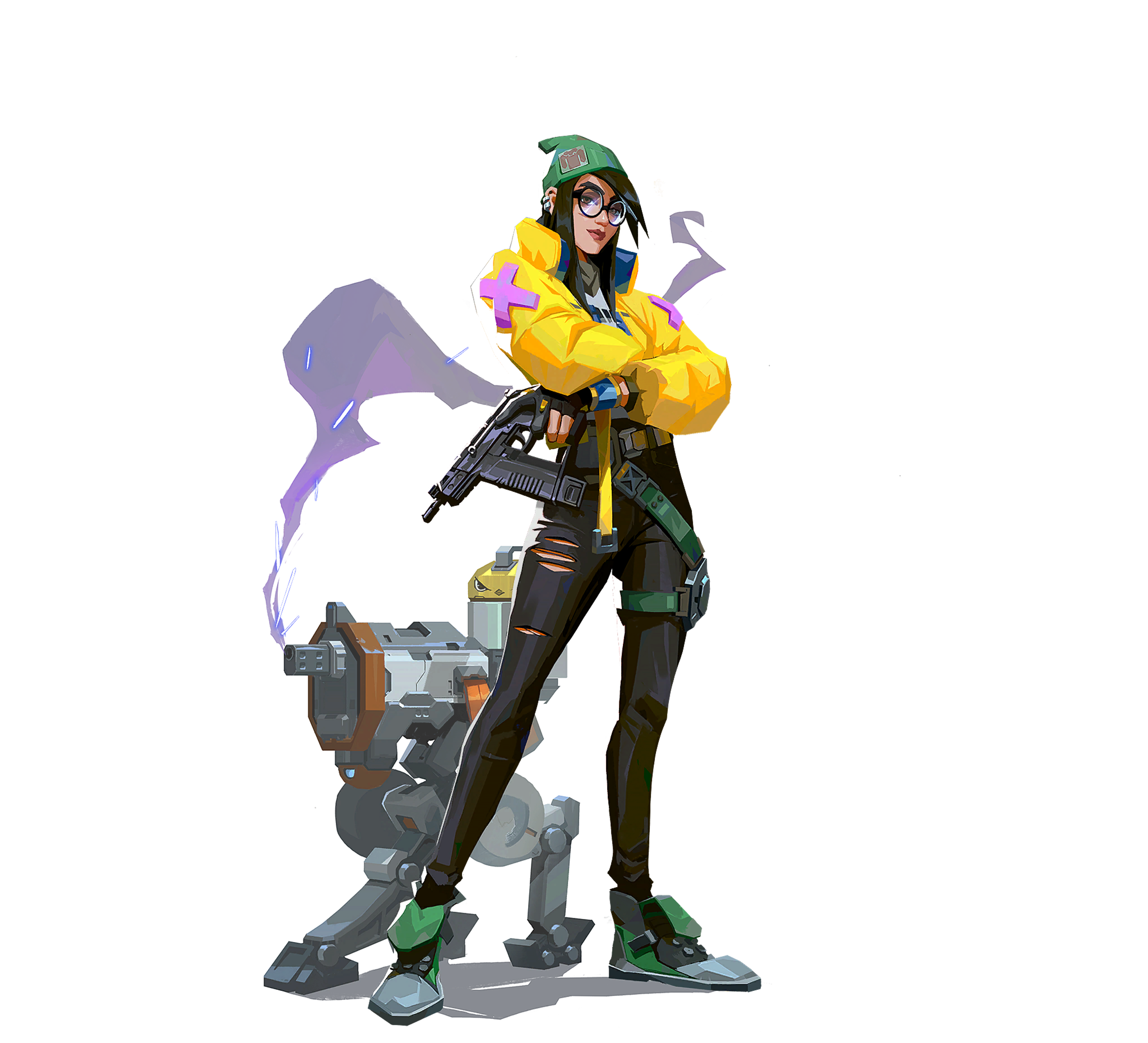 A female character with dark hair and glasses, wearing a yellow jacket and black pants, holding a technological device.
