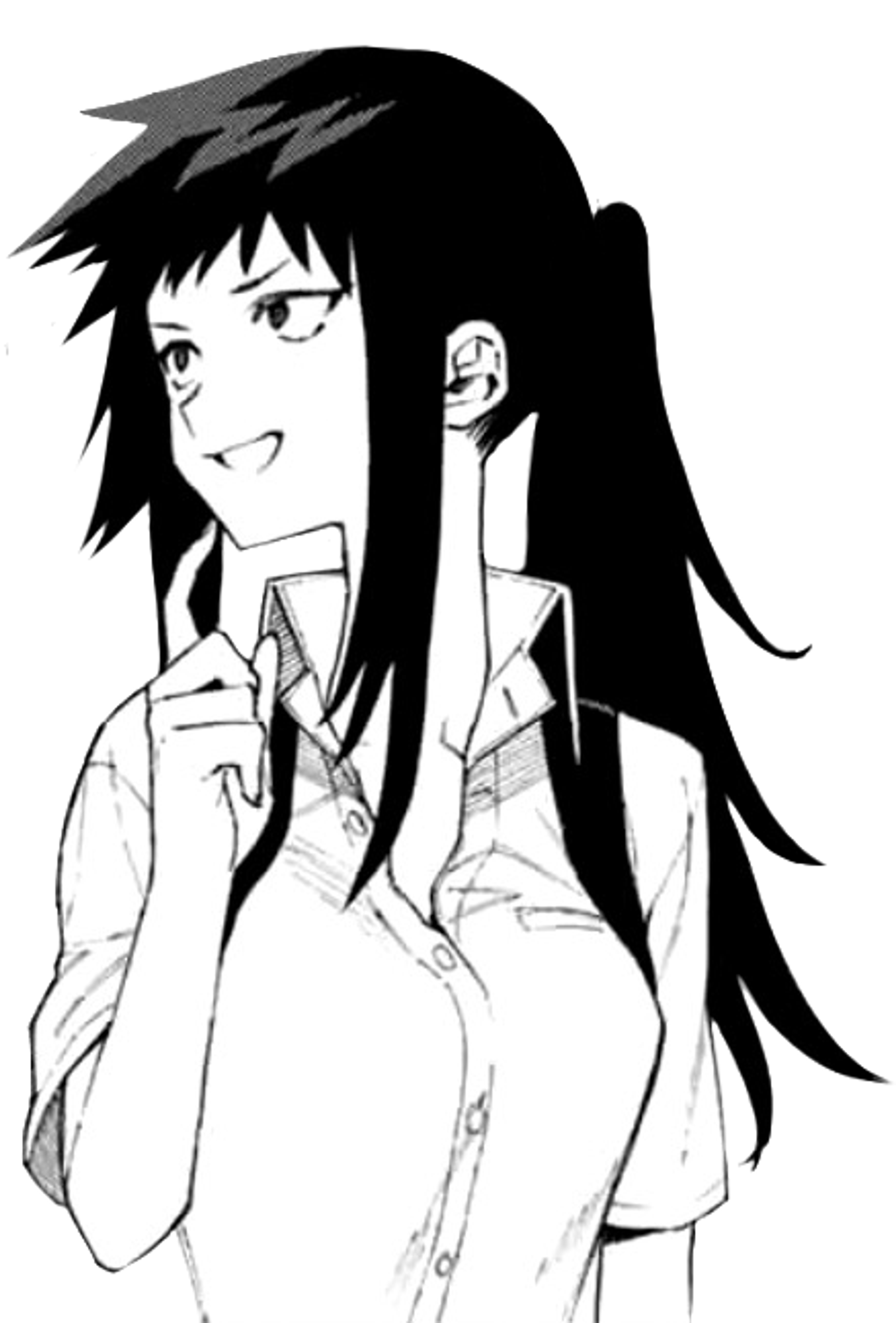 A young woman with long, dark hair and purple eyes wearing a school uniform