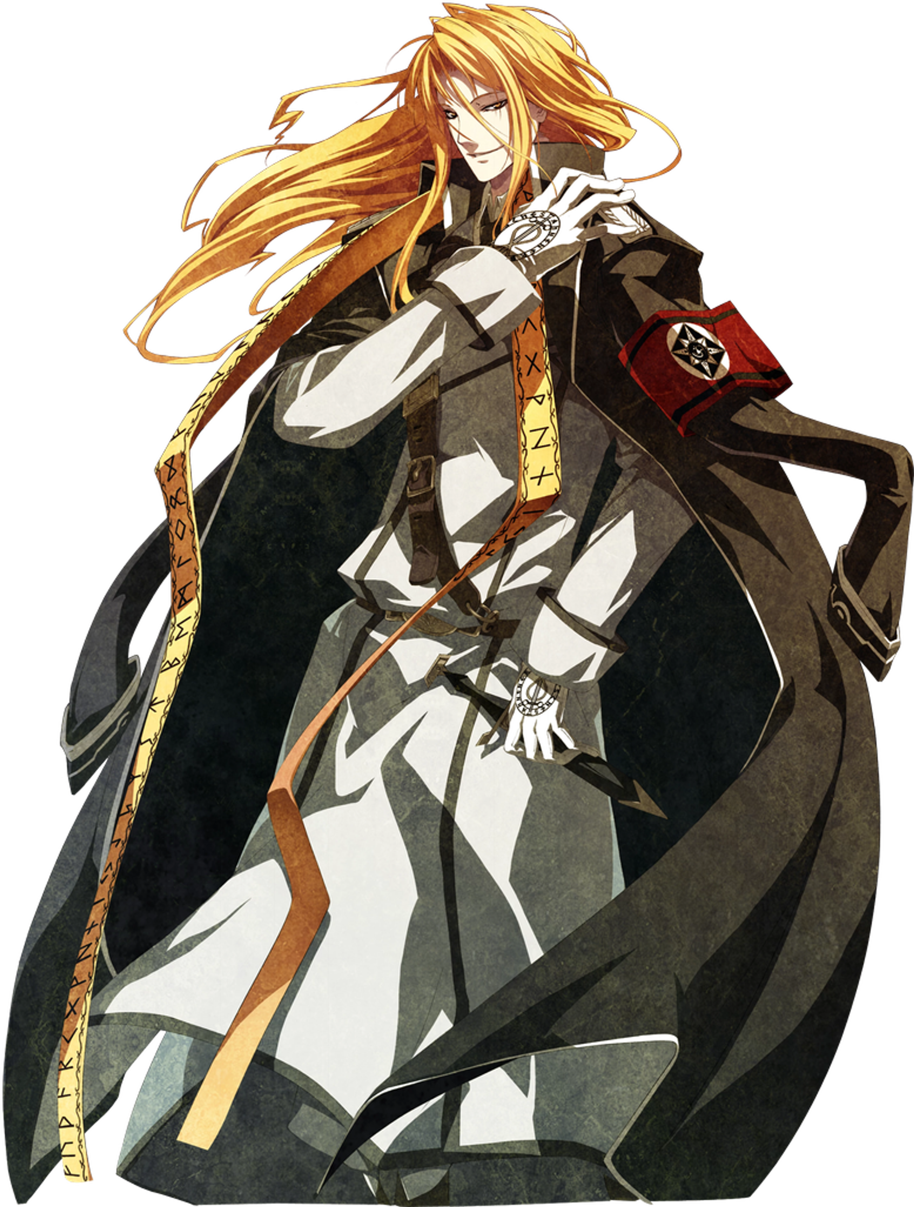 A tall, blonde-haired character with piercing golden eyes wearing an ornate dark outfit