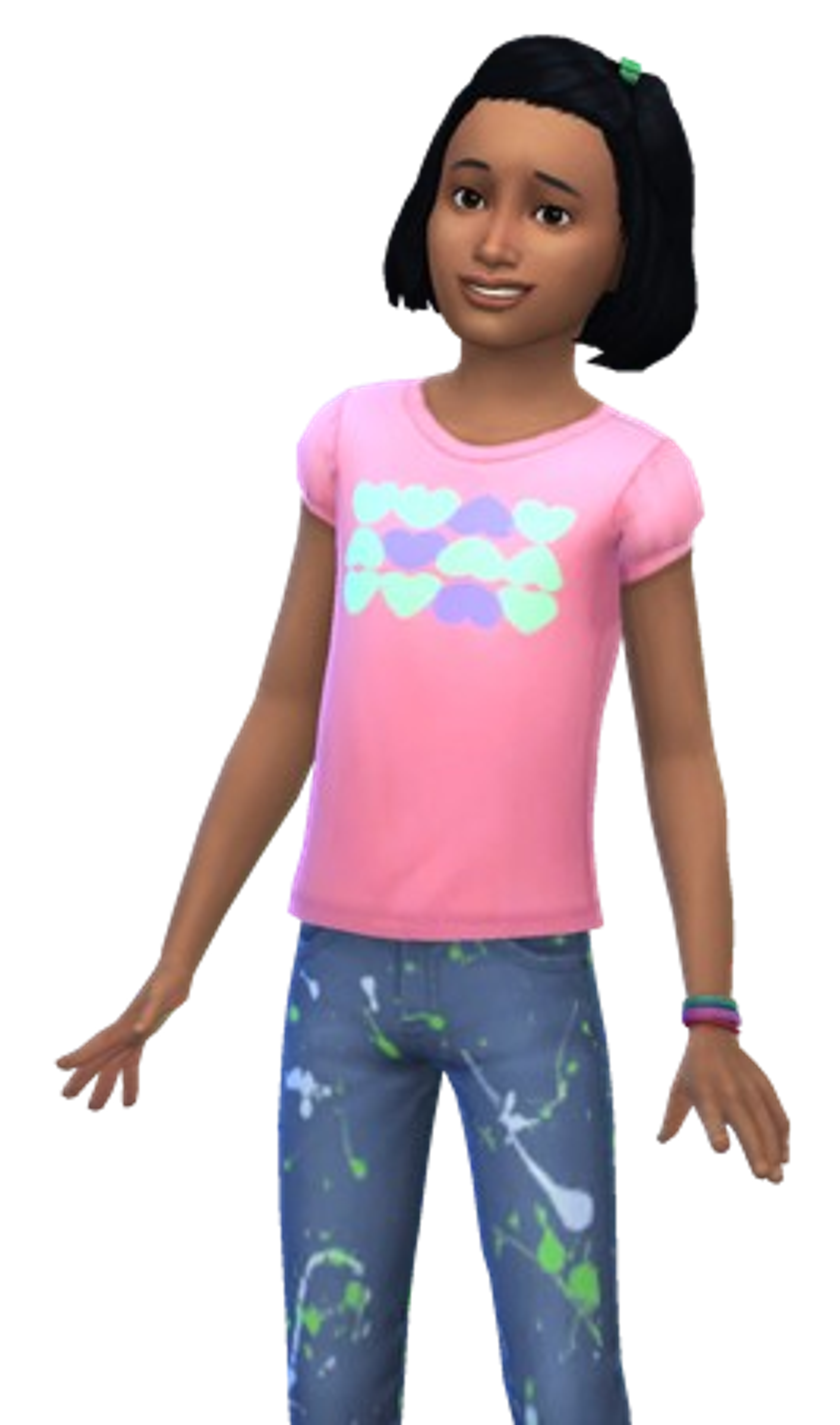 A young female cartoon character with dark hair wearing a pink shirt with a heart design.