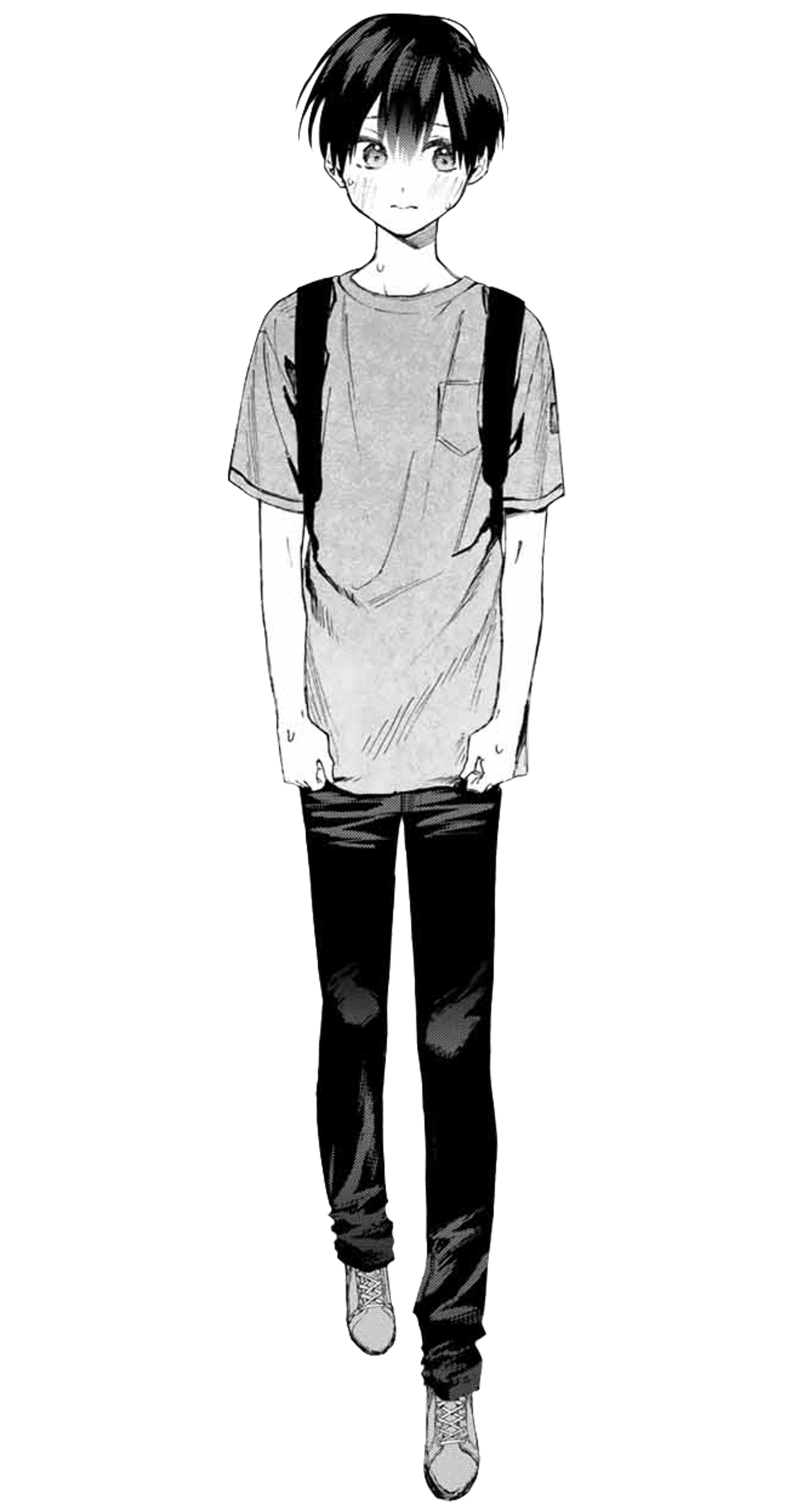An anime-style character with short dark hair wearing a gray t-shirt and black pants