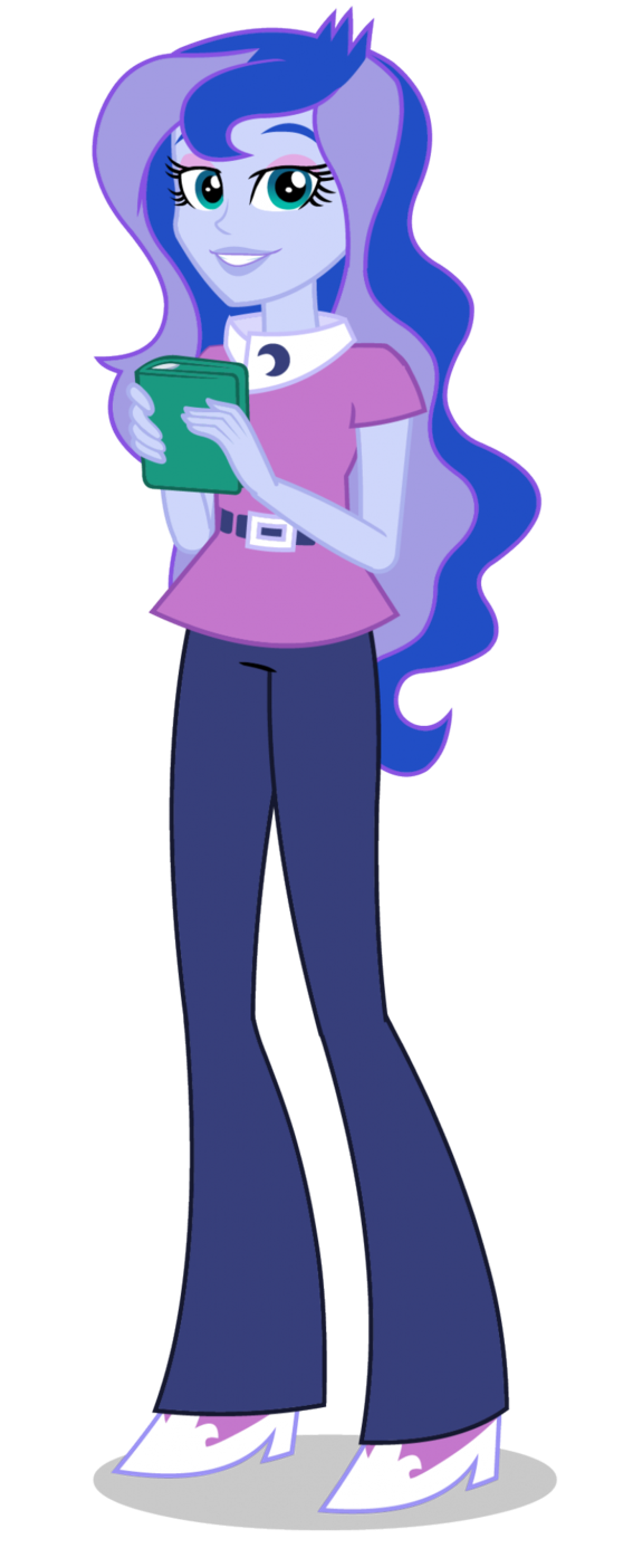 An animated female character with blue skin, purple hair, and large eyes, wearing a pink top and dark pants and holding an electronic device.
