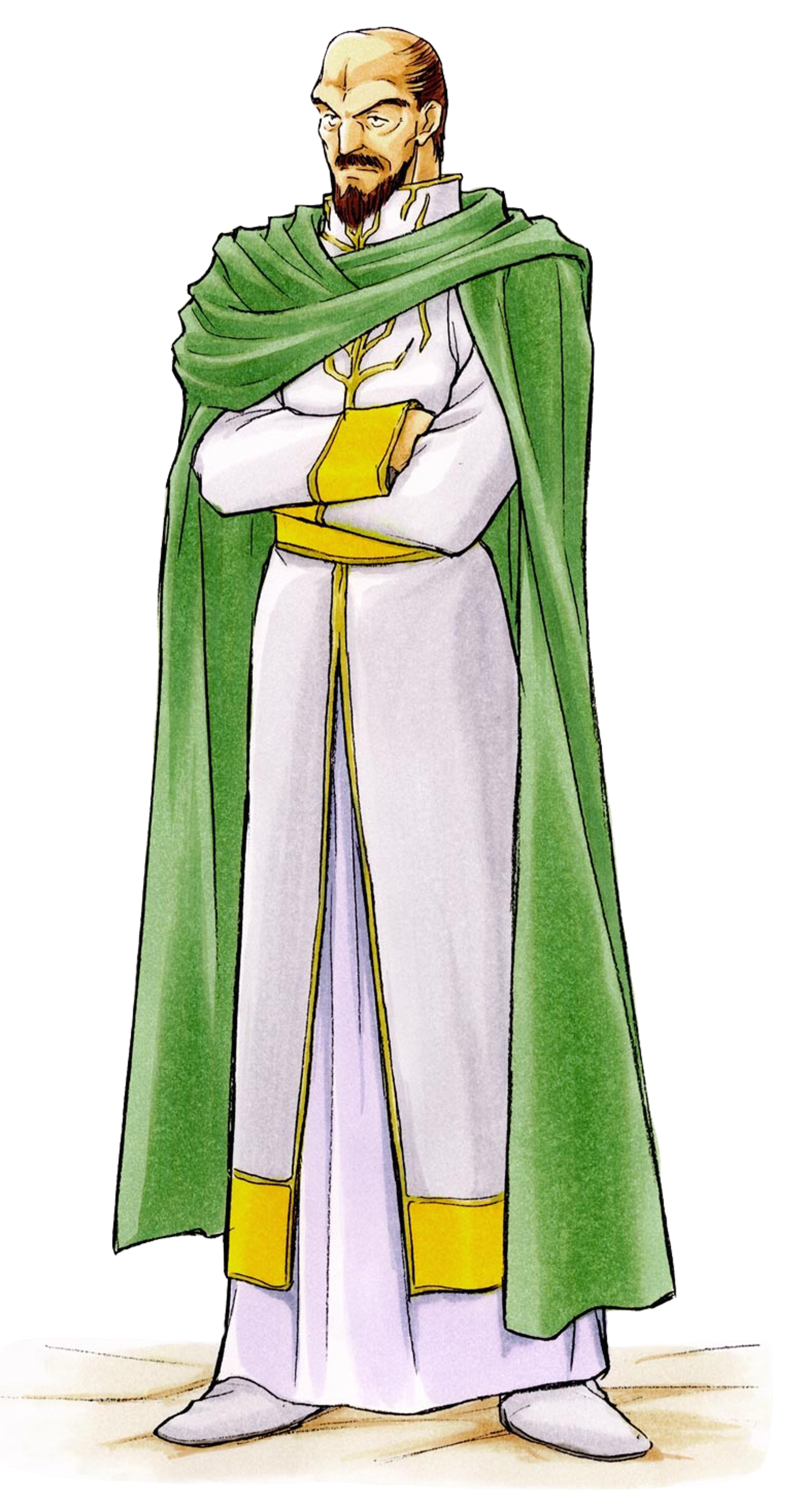 A middle-aged man in green robes with a serious expression