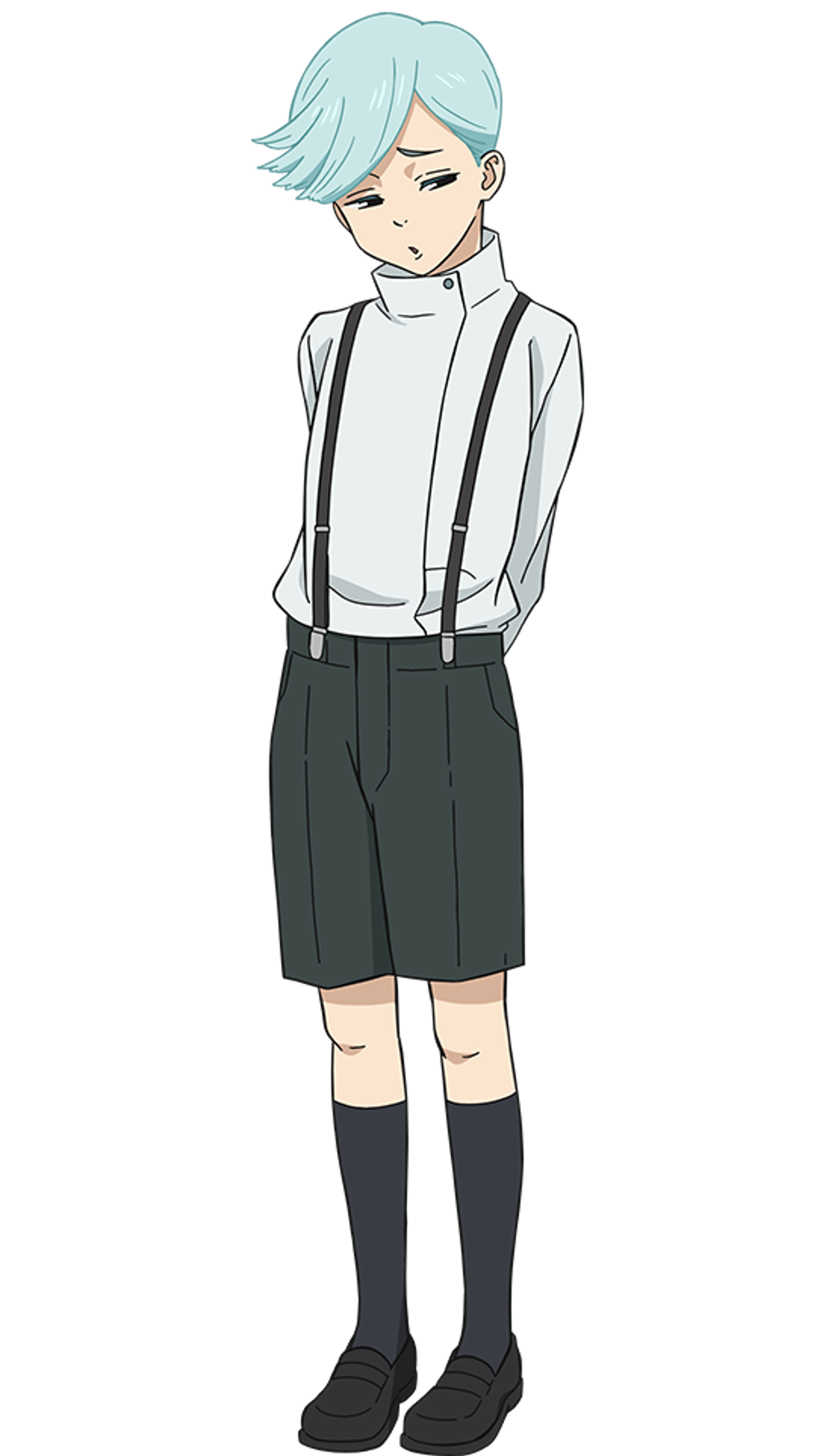 An anime-style character with light blue hair and a slender build, wearing a white shirt, black shorts, and black socks.