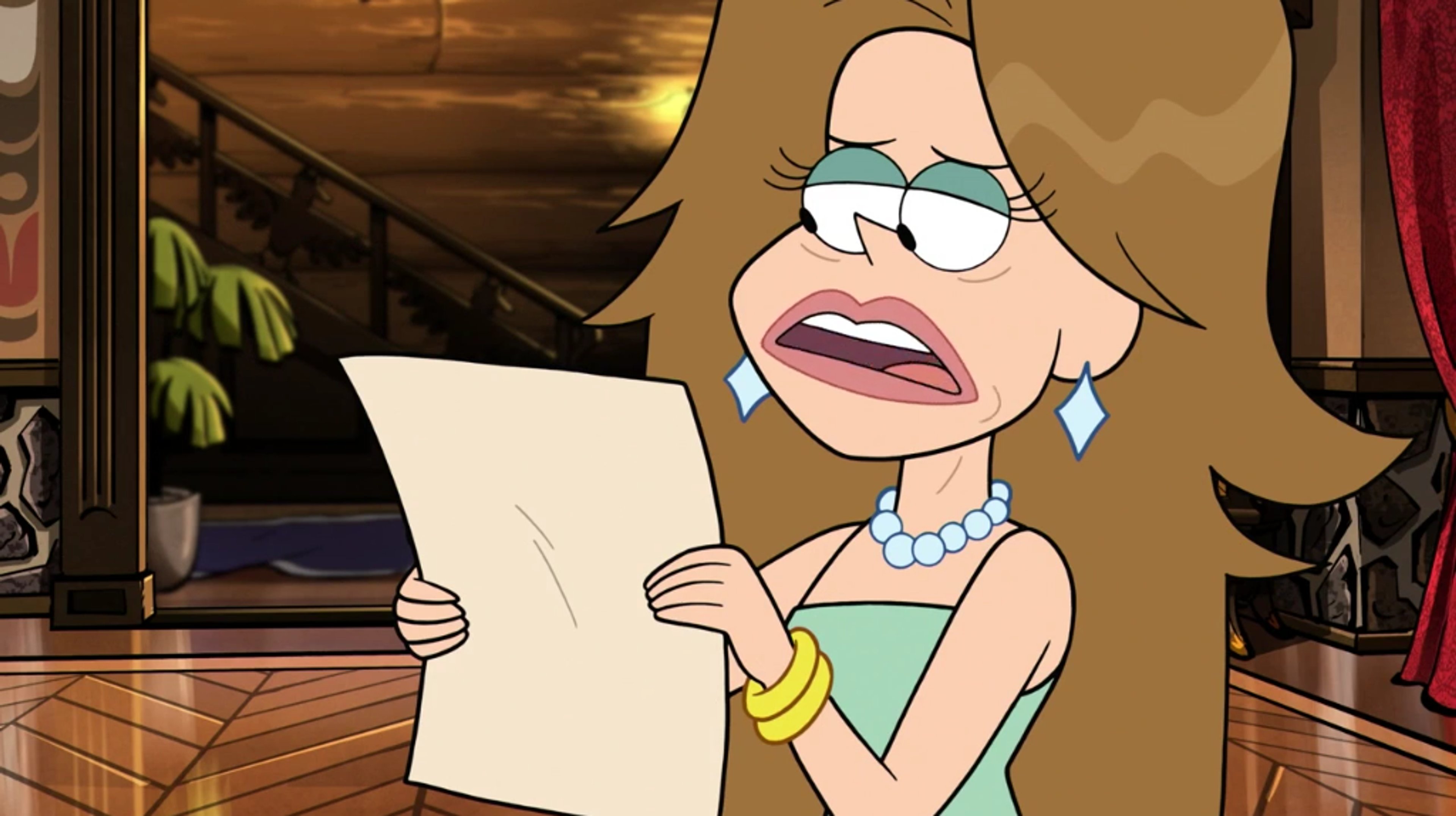 An elderly woman with gray hair and glasses, wearing a green sweater and holding a piece of paper with a stern expression.