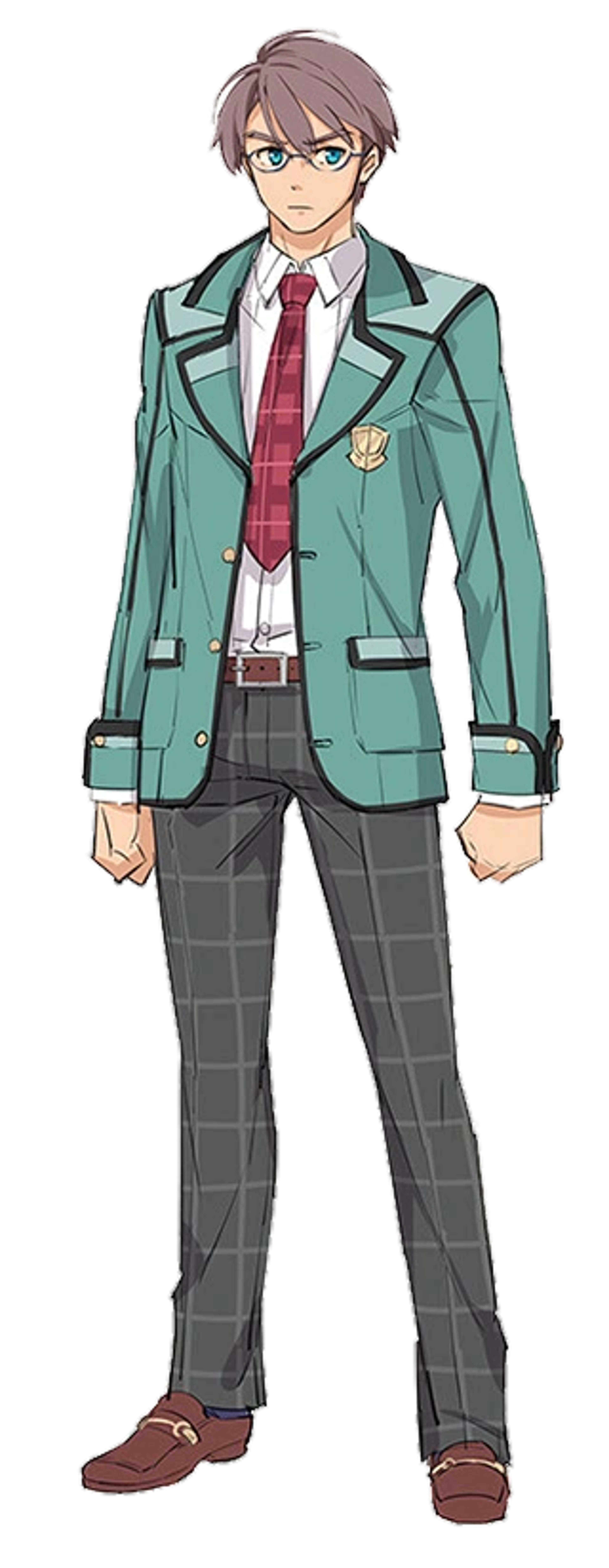 A teenage male student in a green school uniform with a red tie