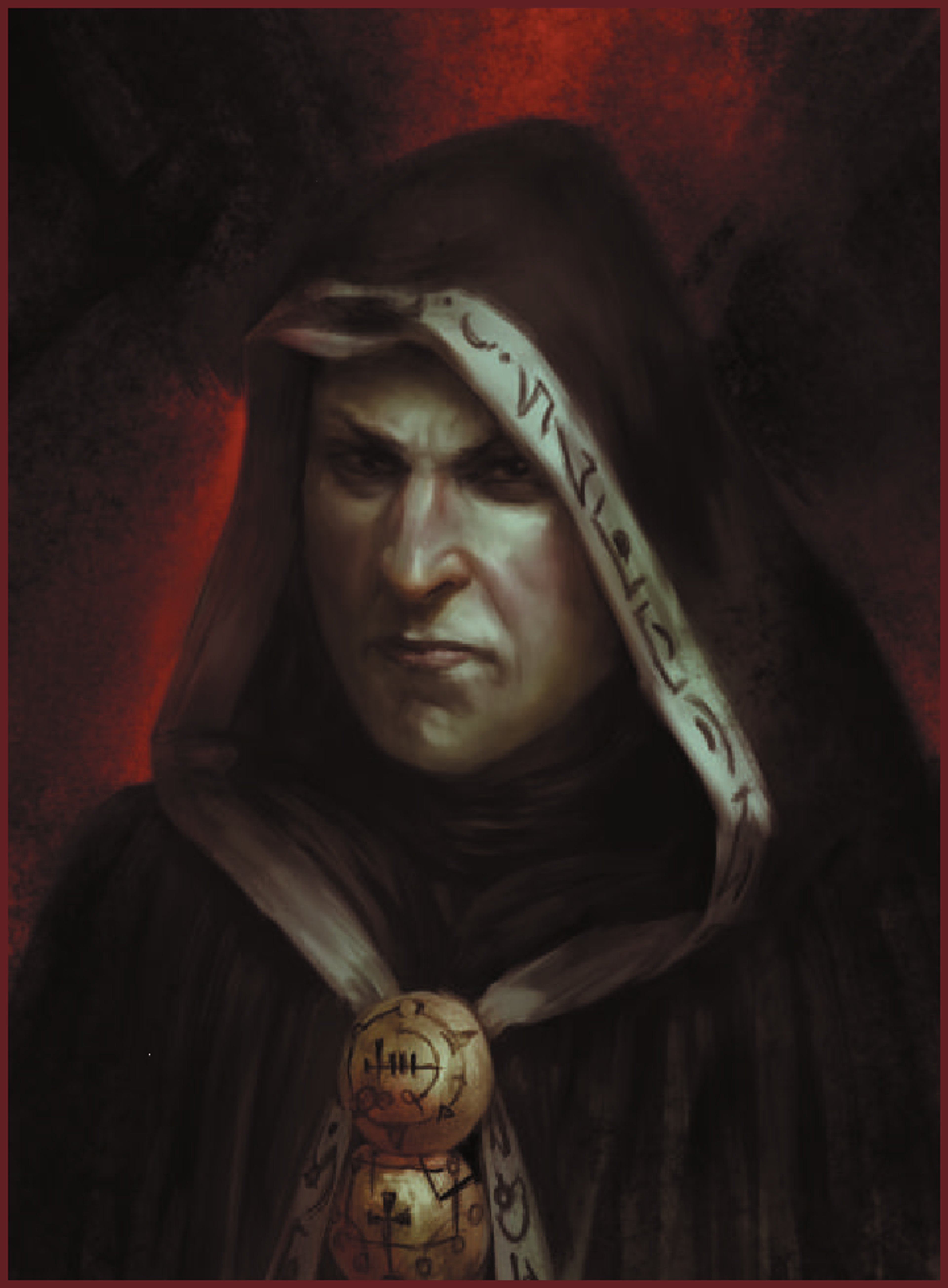 A hooded figure with dark hair and hazel eyes wearing a black robe with intricate designs