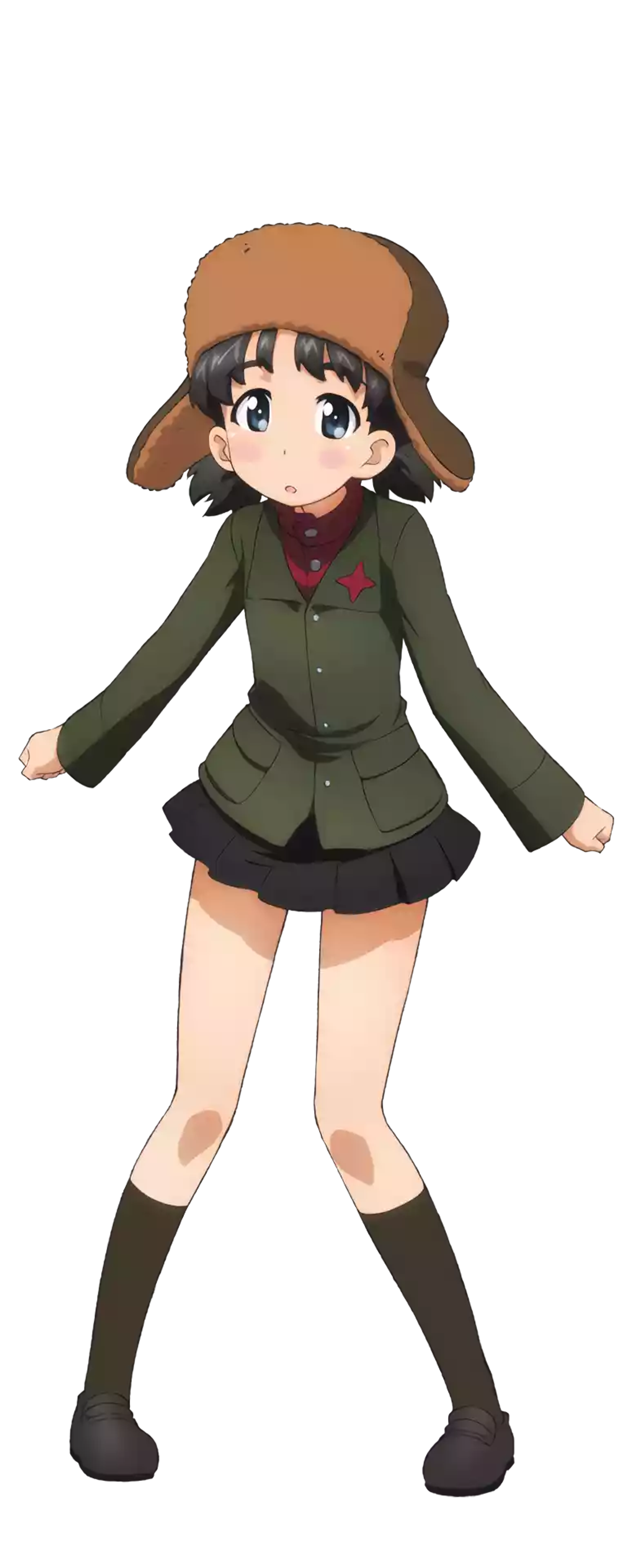 An anime-style character with brown hair in pigtails wearing a green military uniform and Ushanka hat