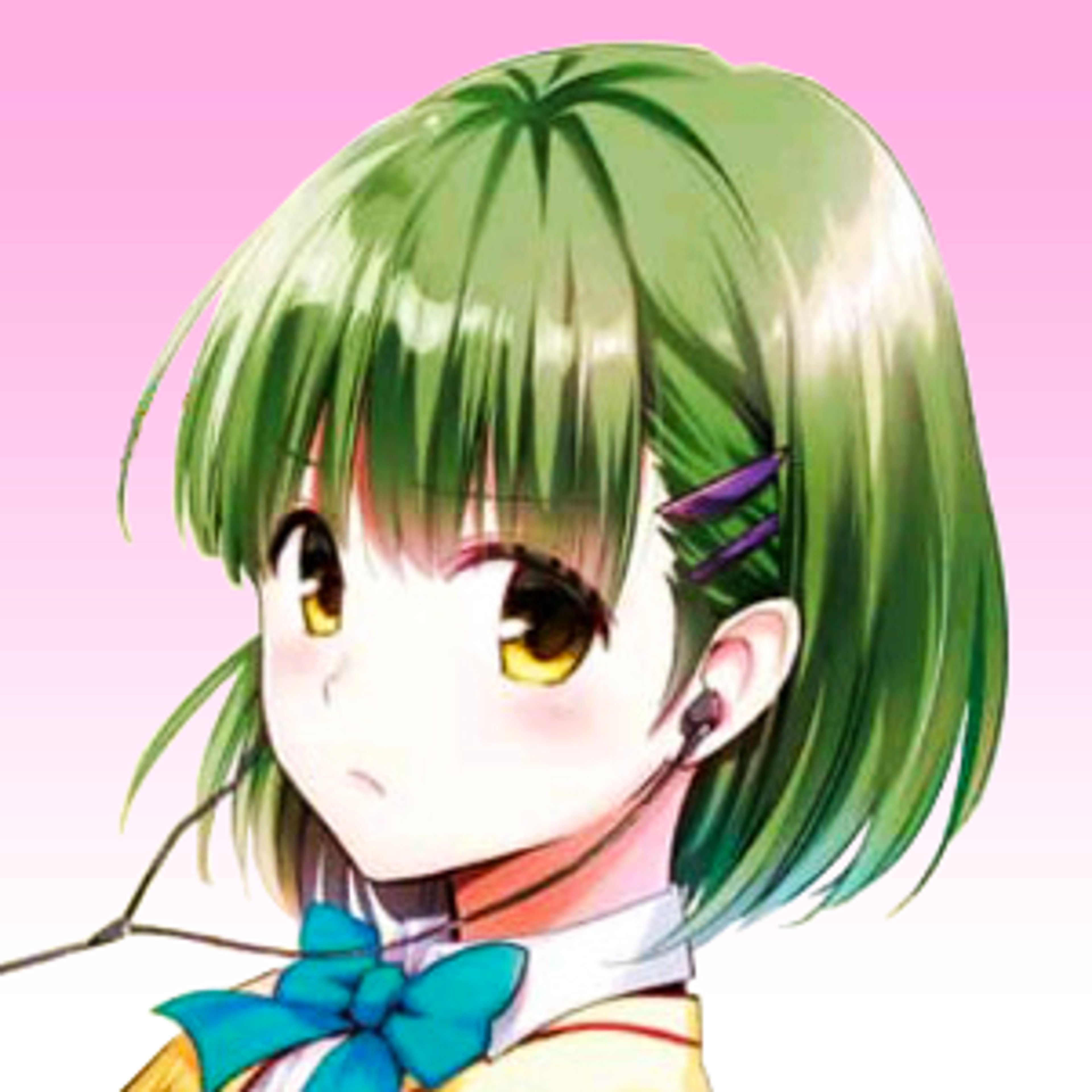 An anime-style character with green hair and a blue school uniform