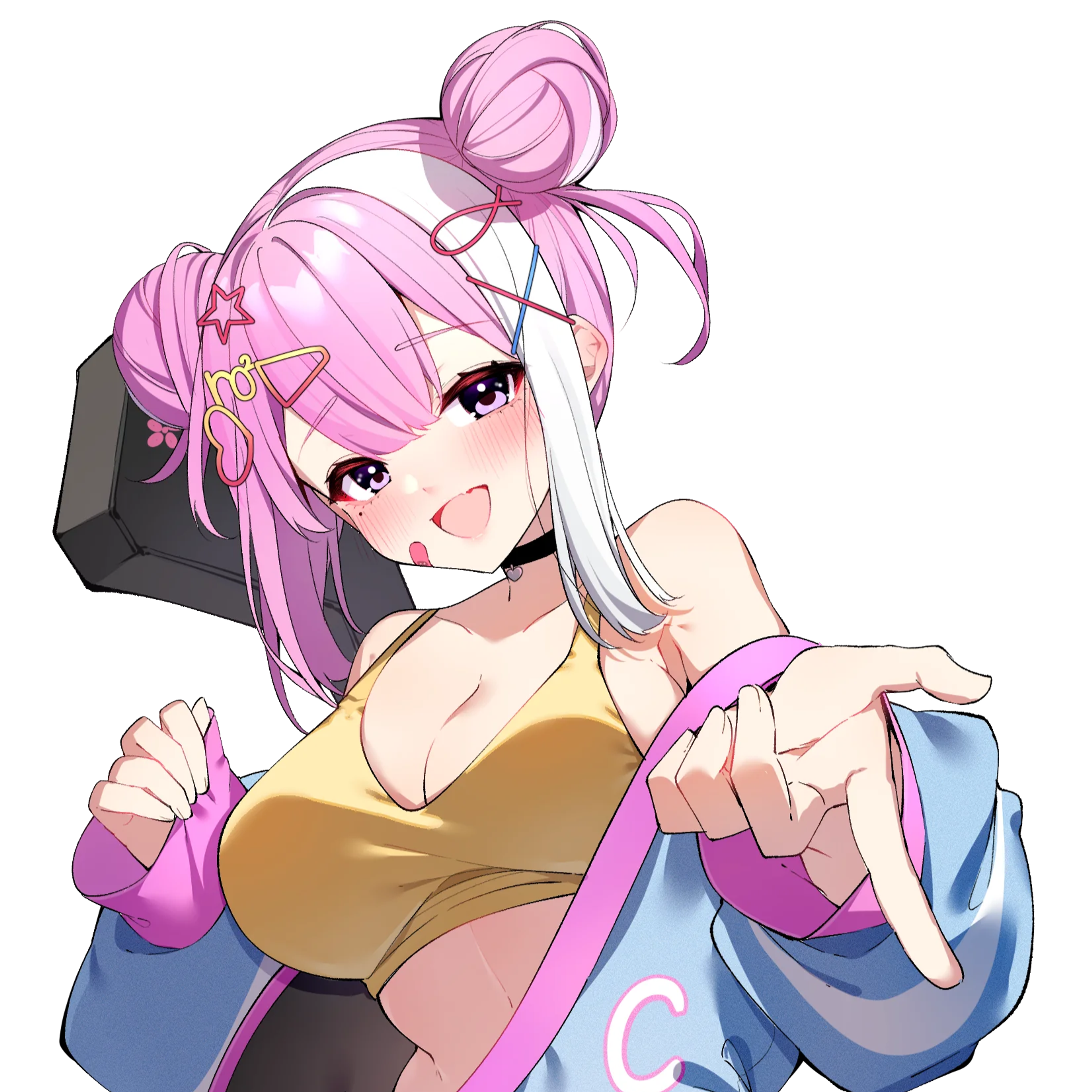 An anime-style character with purple-pink twin buns, wearing a hockey jersey and holding a hockey stick bag