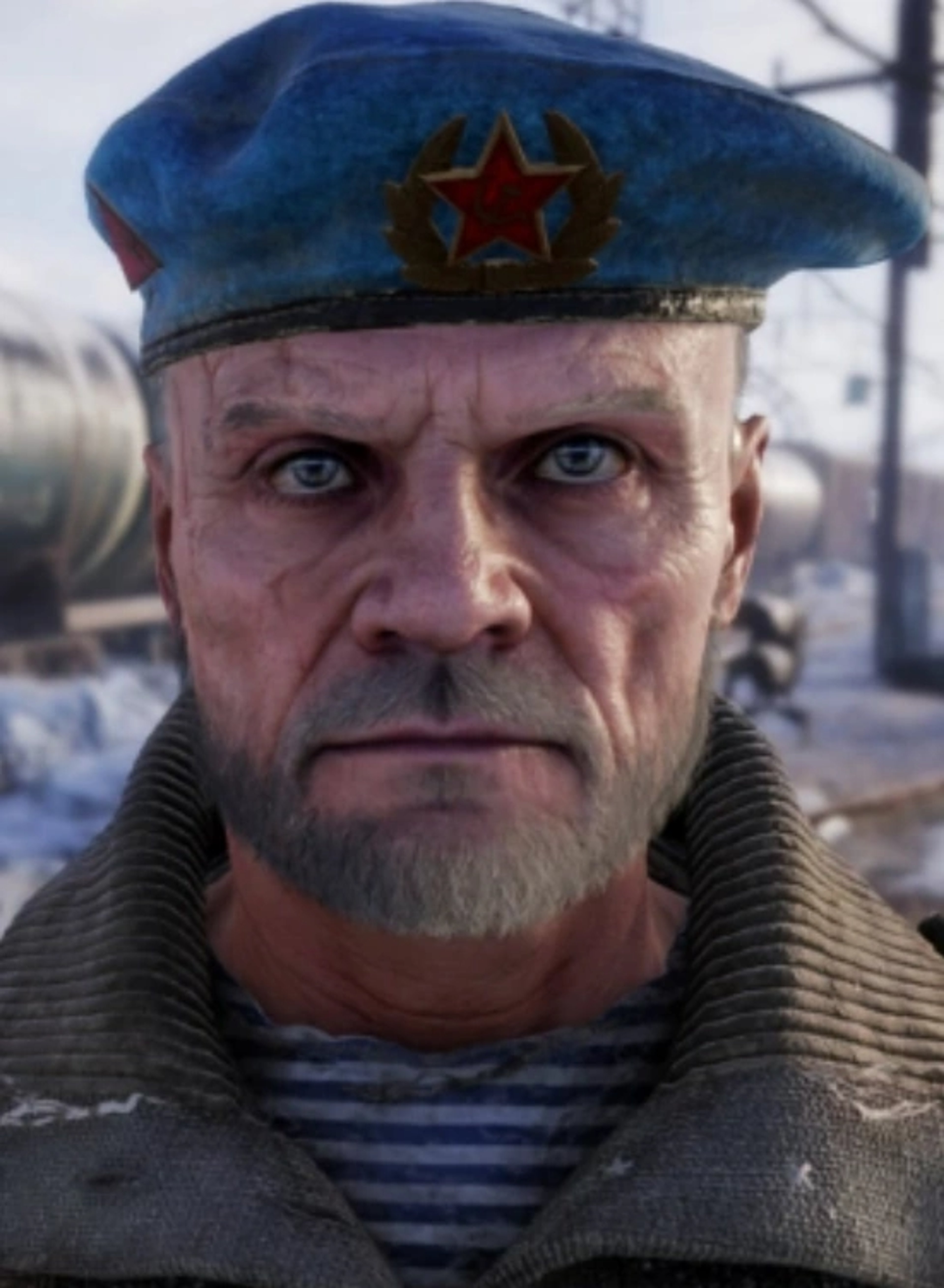 A middle-aged man with a military-style hat and a stern expression