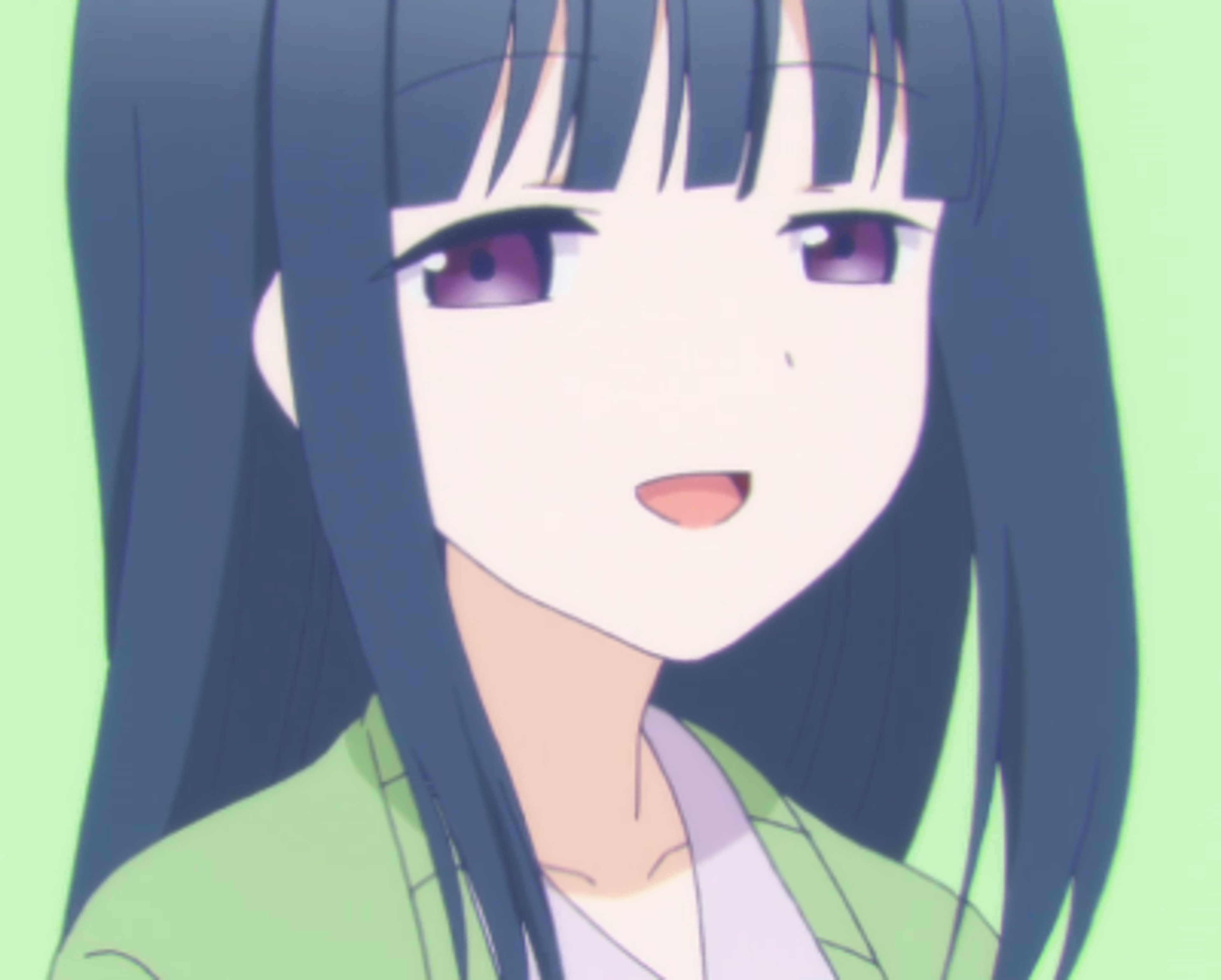 An anime-style character with long dark hair and a gentle expression, wearing a green sweater.