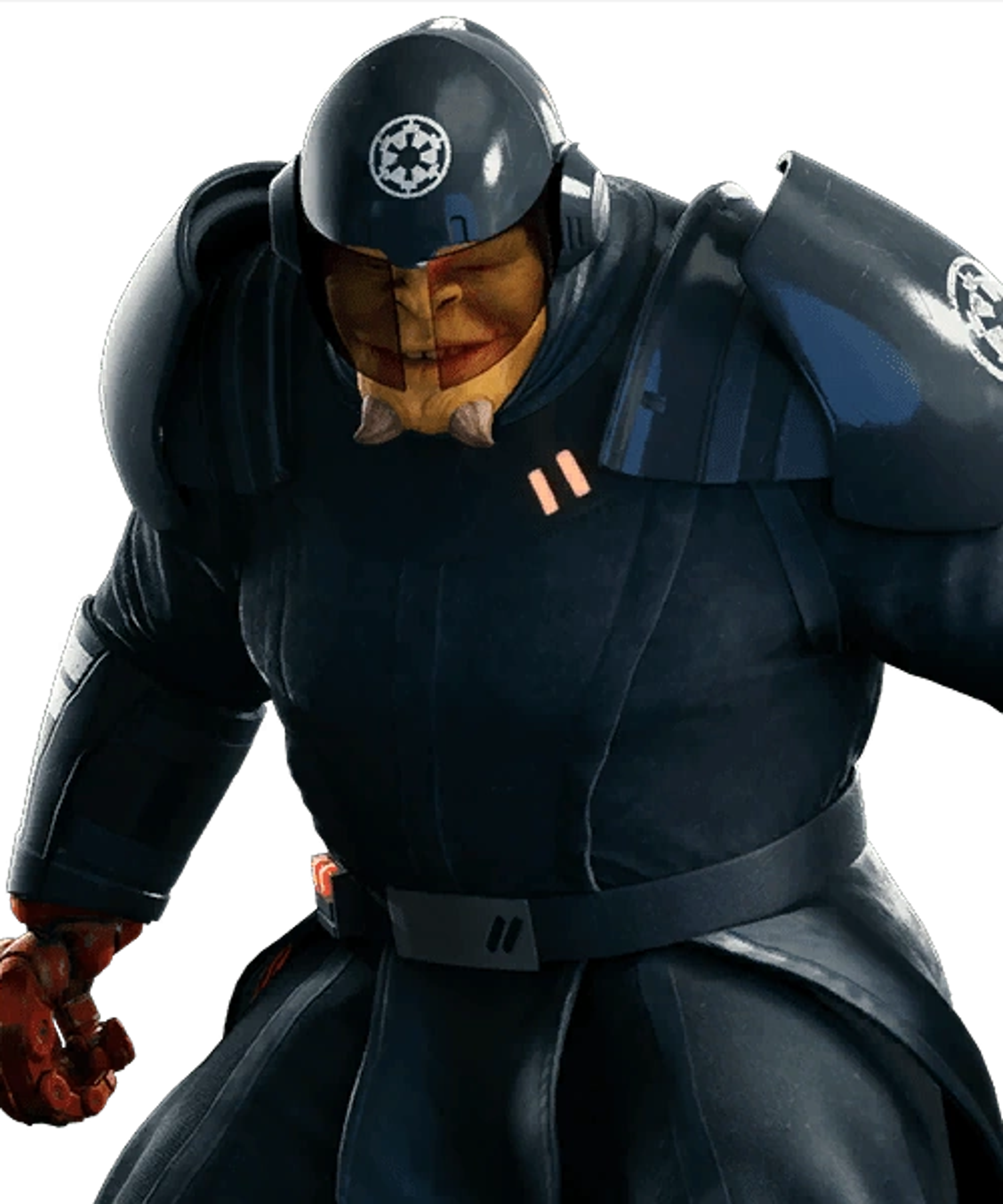 A heavily cybernetically-enhanced Dowutin Inquisitor wielding a red lightsaber