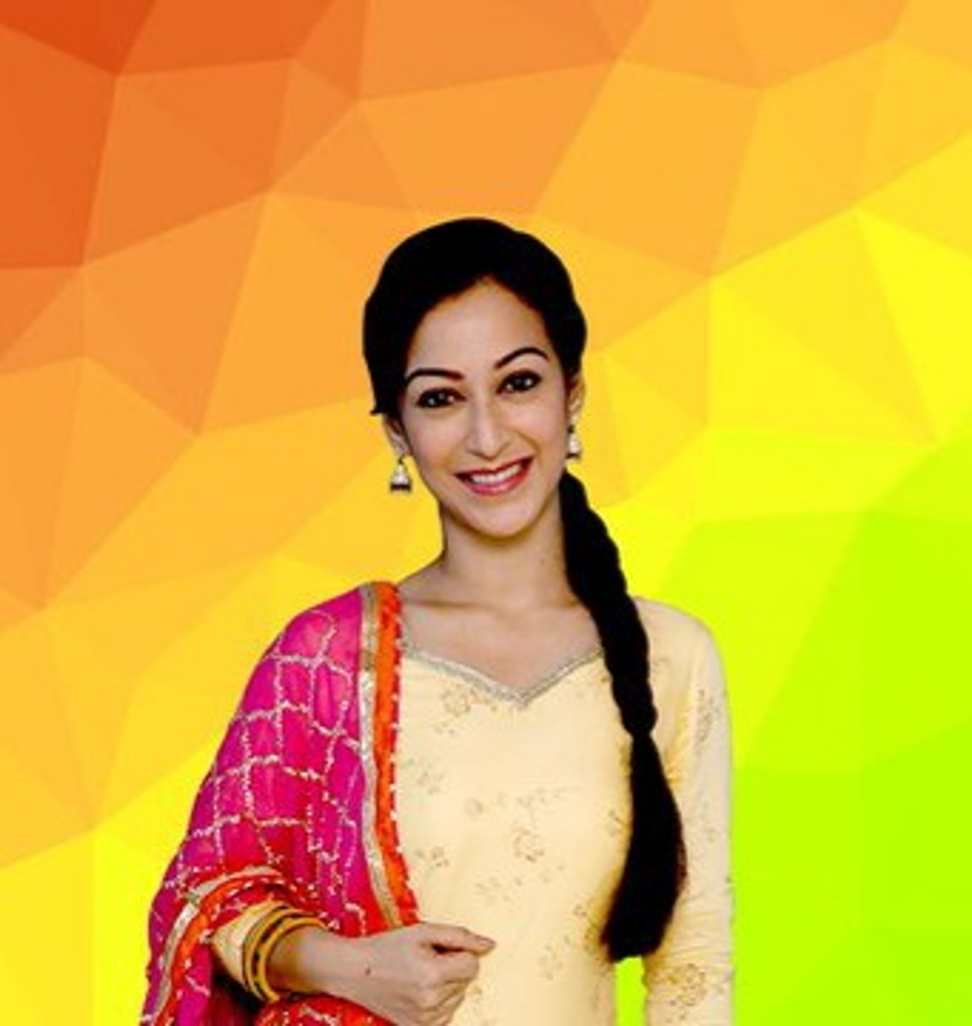 A woman with long dark hair in a braid, wearing a light-colored top and a bright pink scarf, smiling against a colorful abstract background.