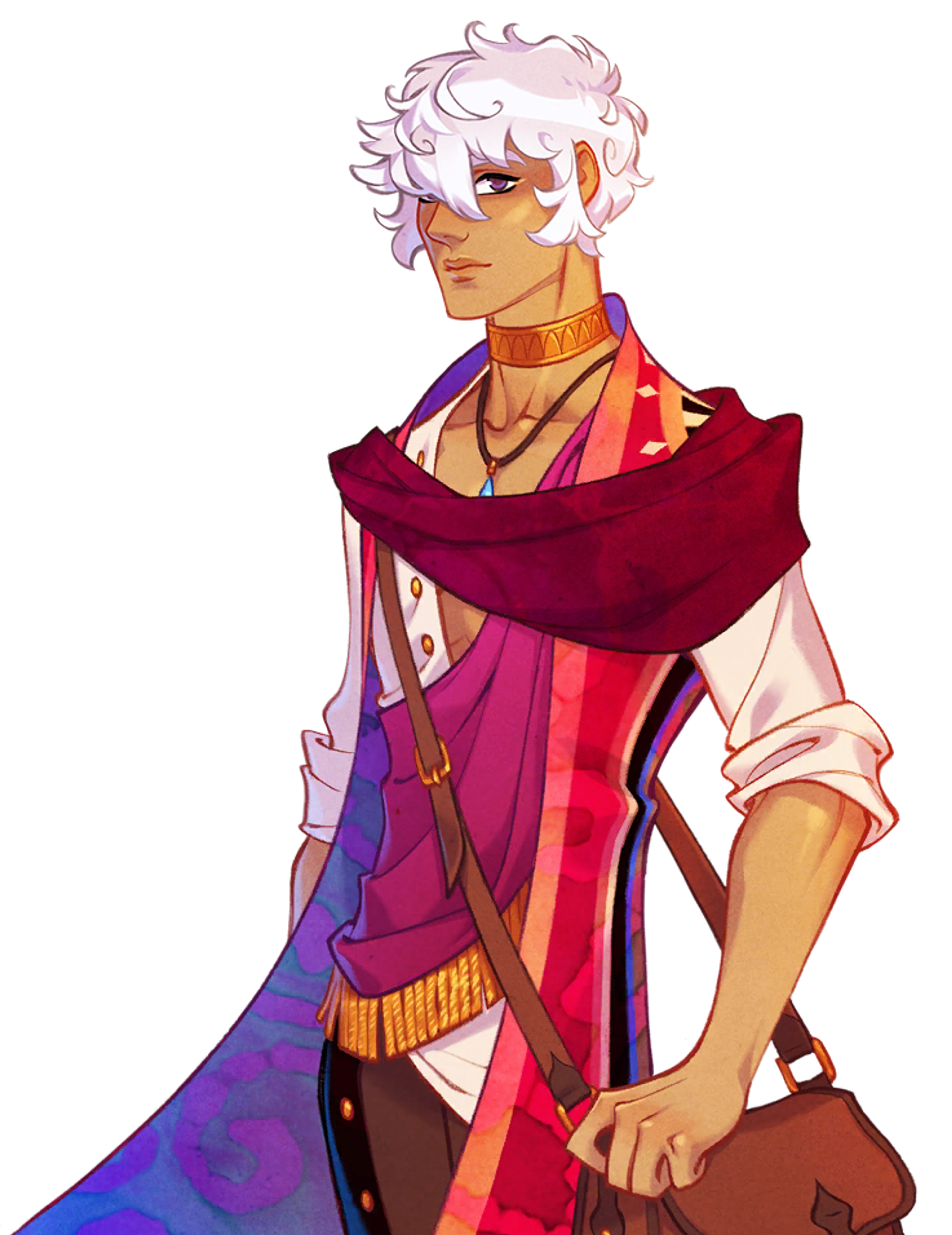 An illustration of a young, androgynous-looking character with fluffy white hair, golden brown skin, and deep violet eyes, wearing an eclectic, mystical outfit.