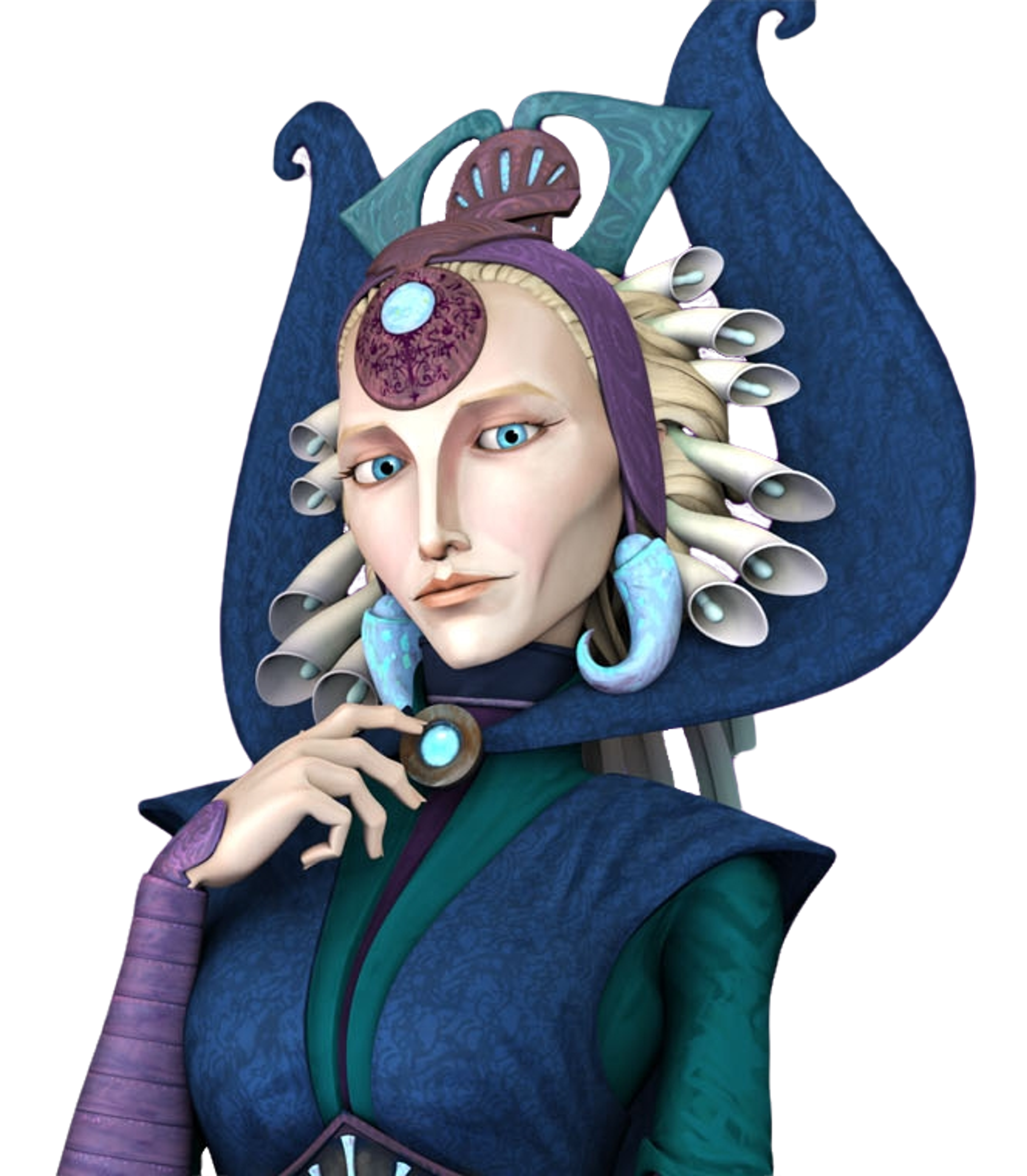 A female Mandalorian character with blonde hair and blue eyes, wearing ornate armor and headpiece.