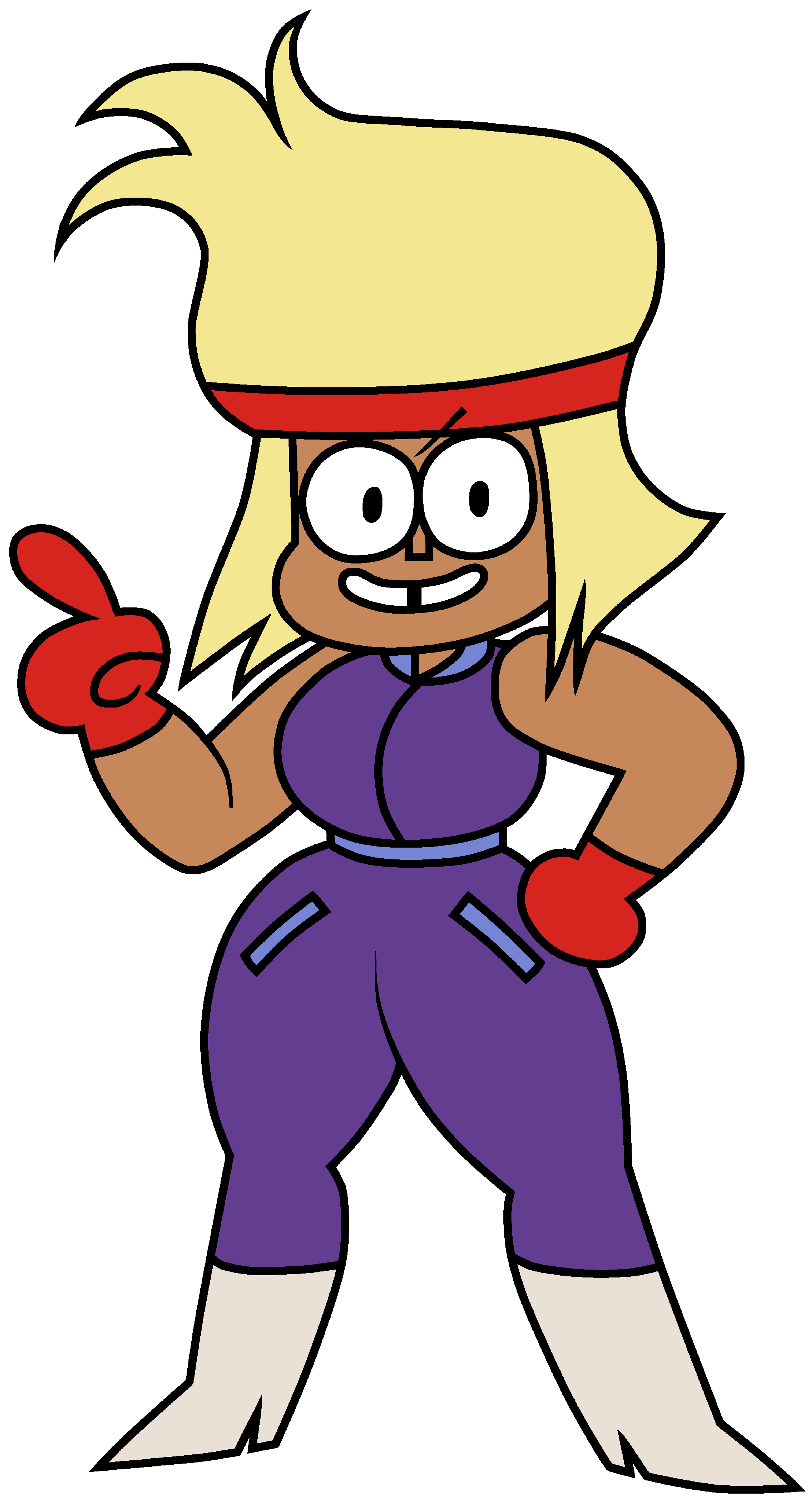 A cartoon-style female character with a muscular, athletic build, short blonde hair, and a confident expression.