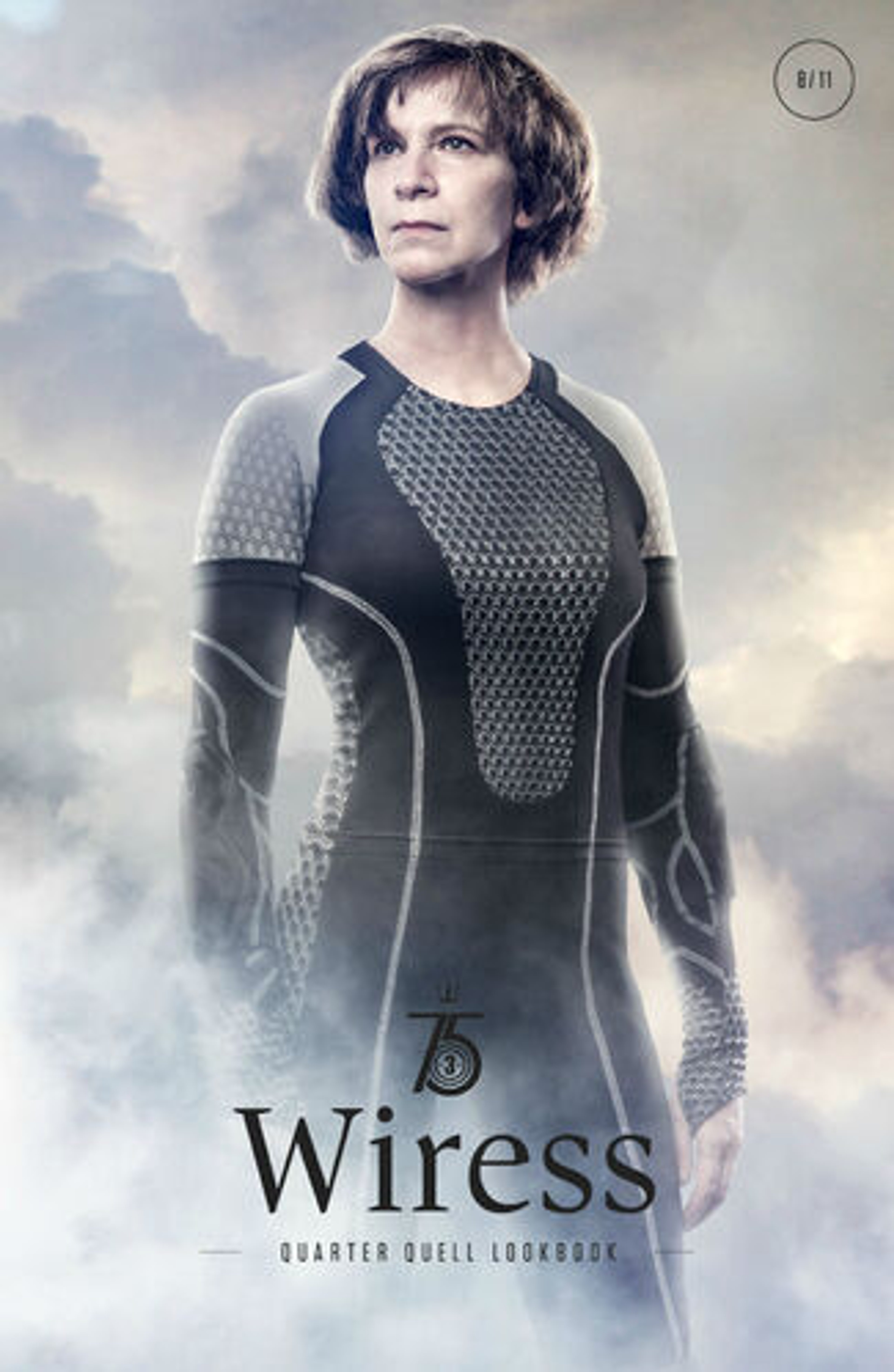 A woman in a high-tech, patterned bodysuit standing in front of a cloudy sky