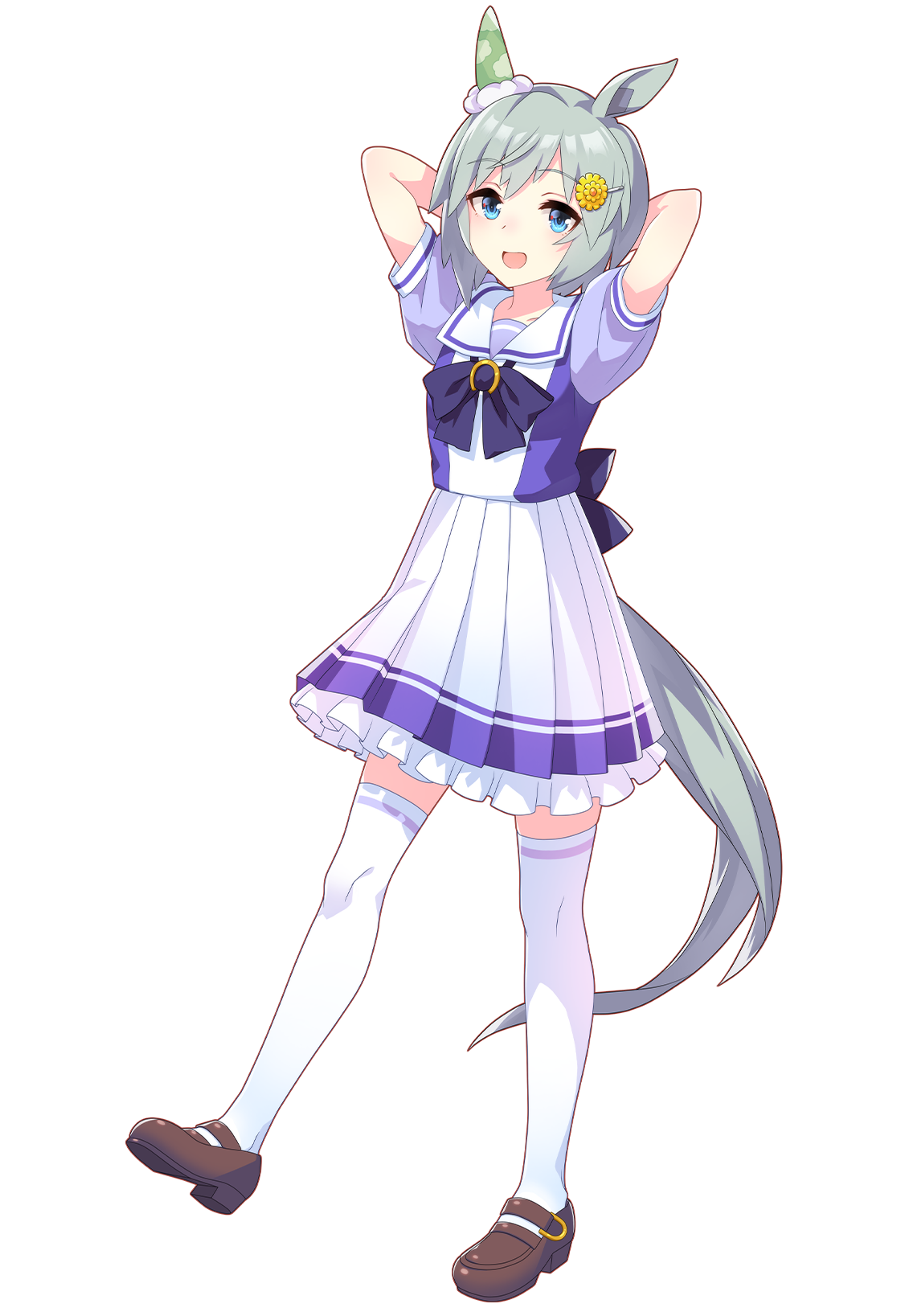 An anime-style character with green hair, blue eyes, and a weary expression wearing a purple school uniform.