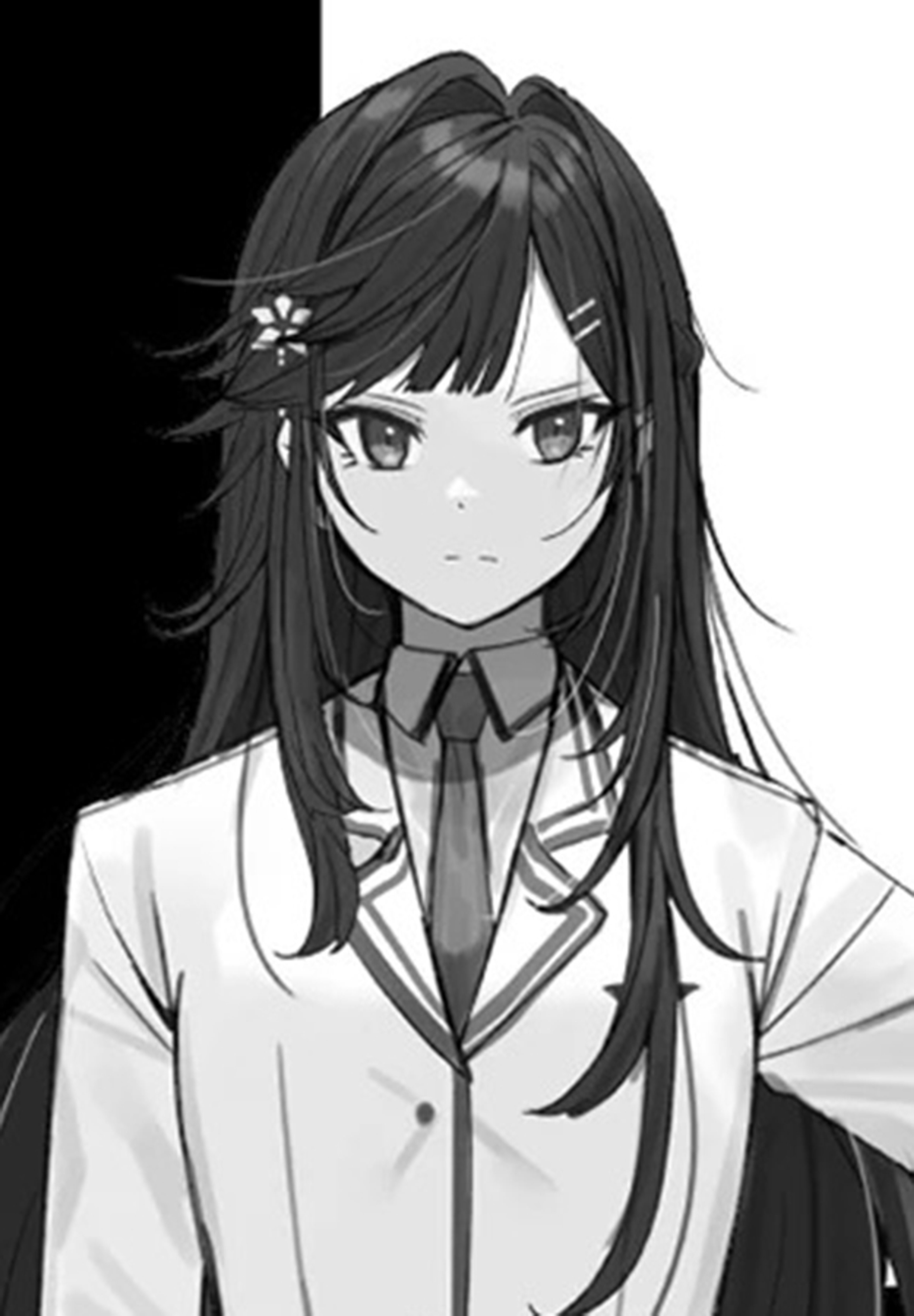 A young woman in a school uniform with a serious expression