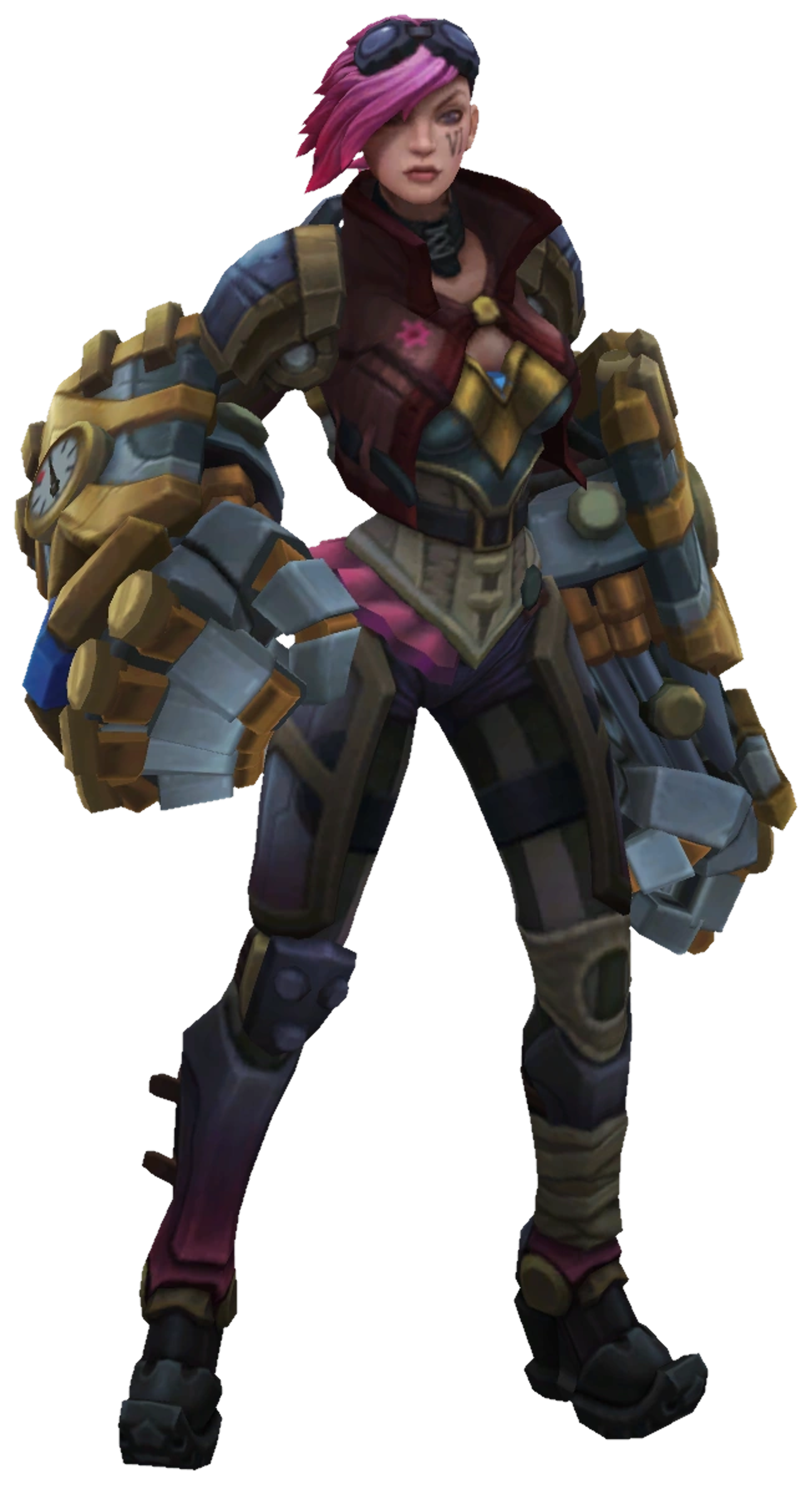 A heavily armored female character with pink and purple hair, appearing to be a tough enforcer or fighter.