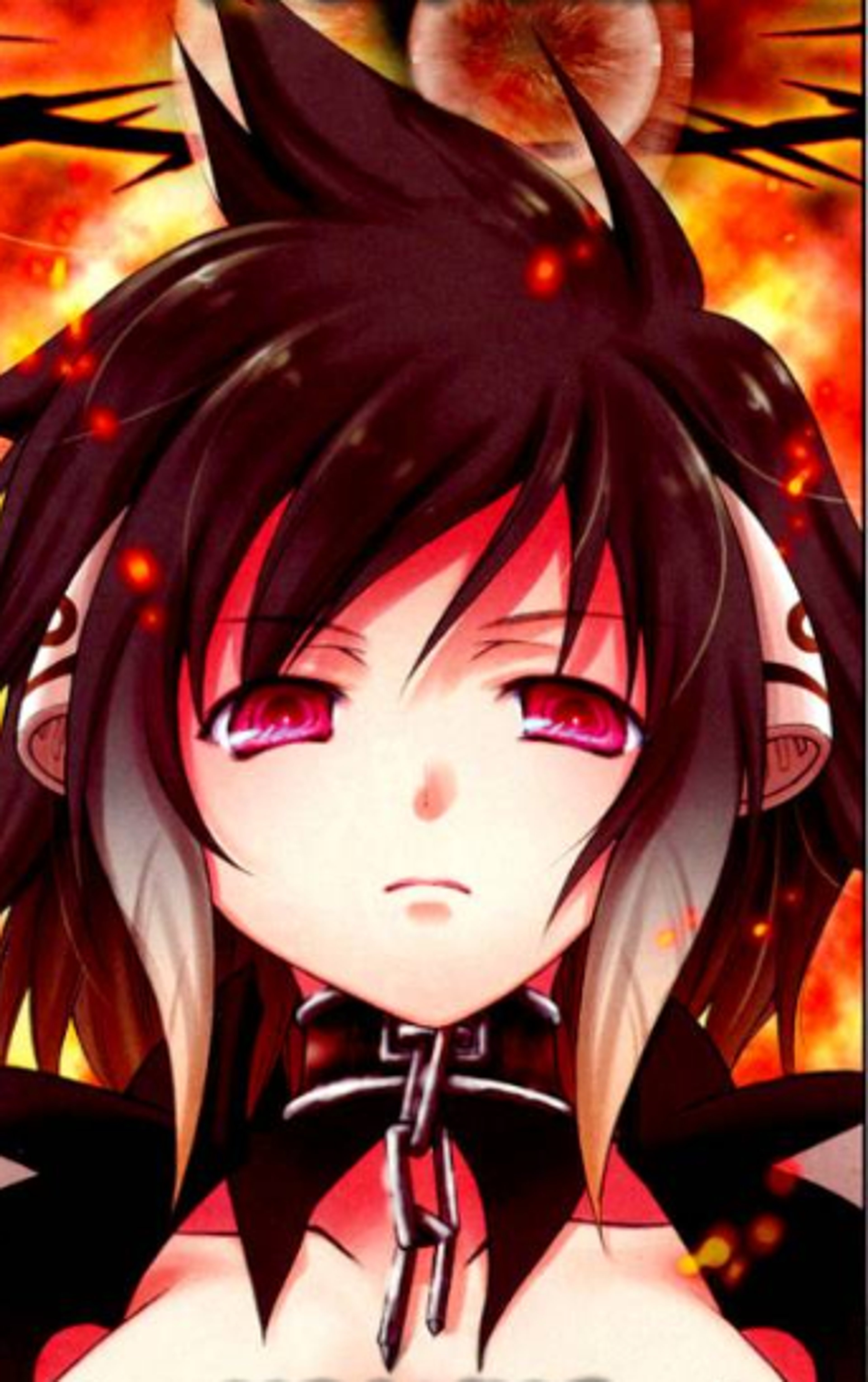 An anime-style female character with dark hair, red eyes, and a serious expression, wearing a black outfit with red accents and having wings and a halo-like accessory.
