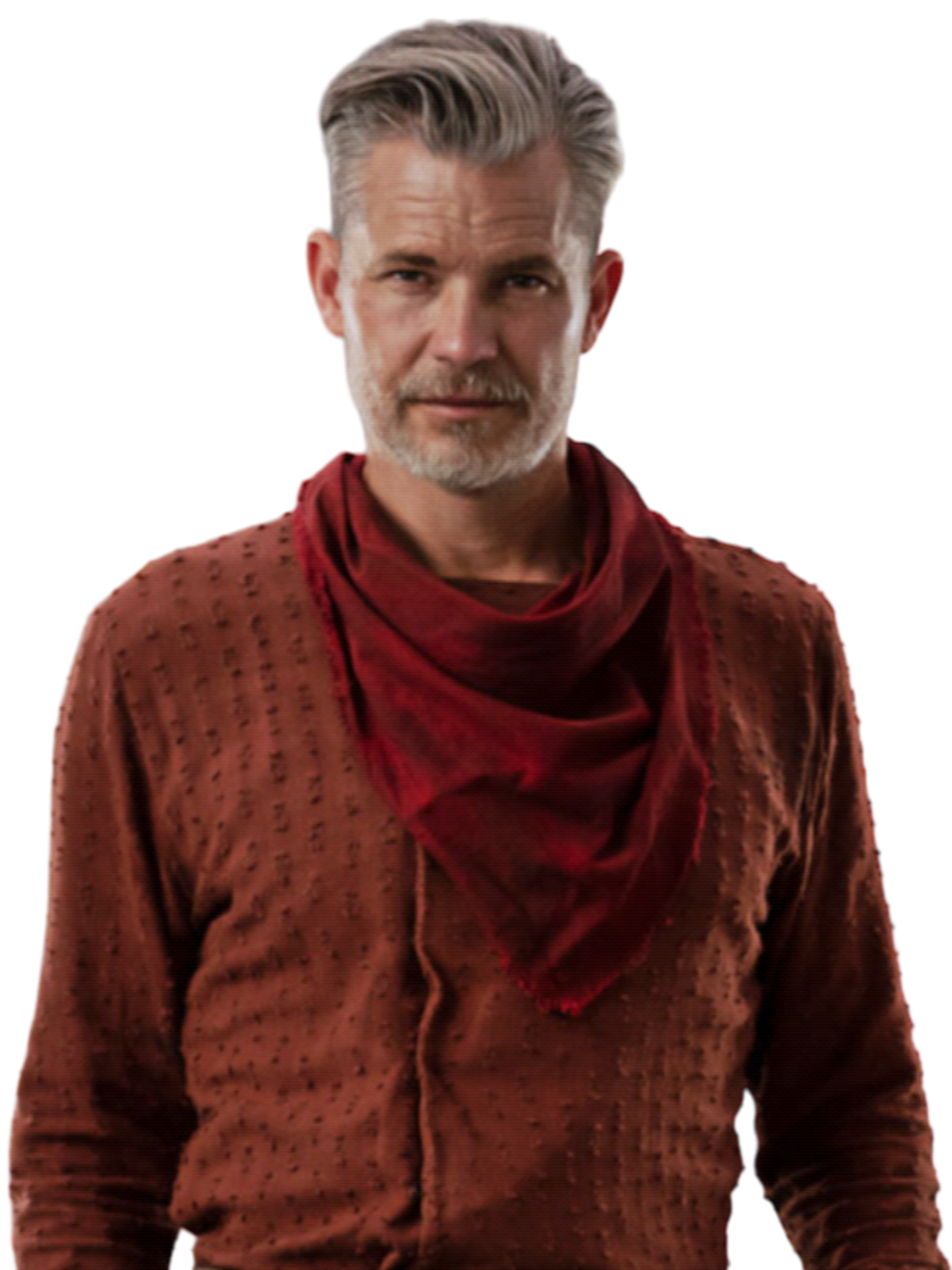 A middle-aged human male with gray hair and a beard, wearing a red robe or cloak, with a stern expression on his face.