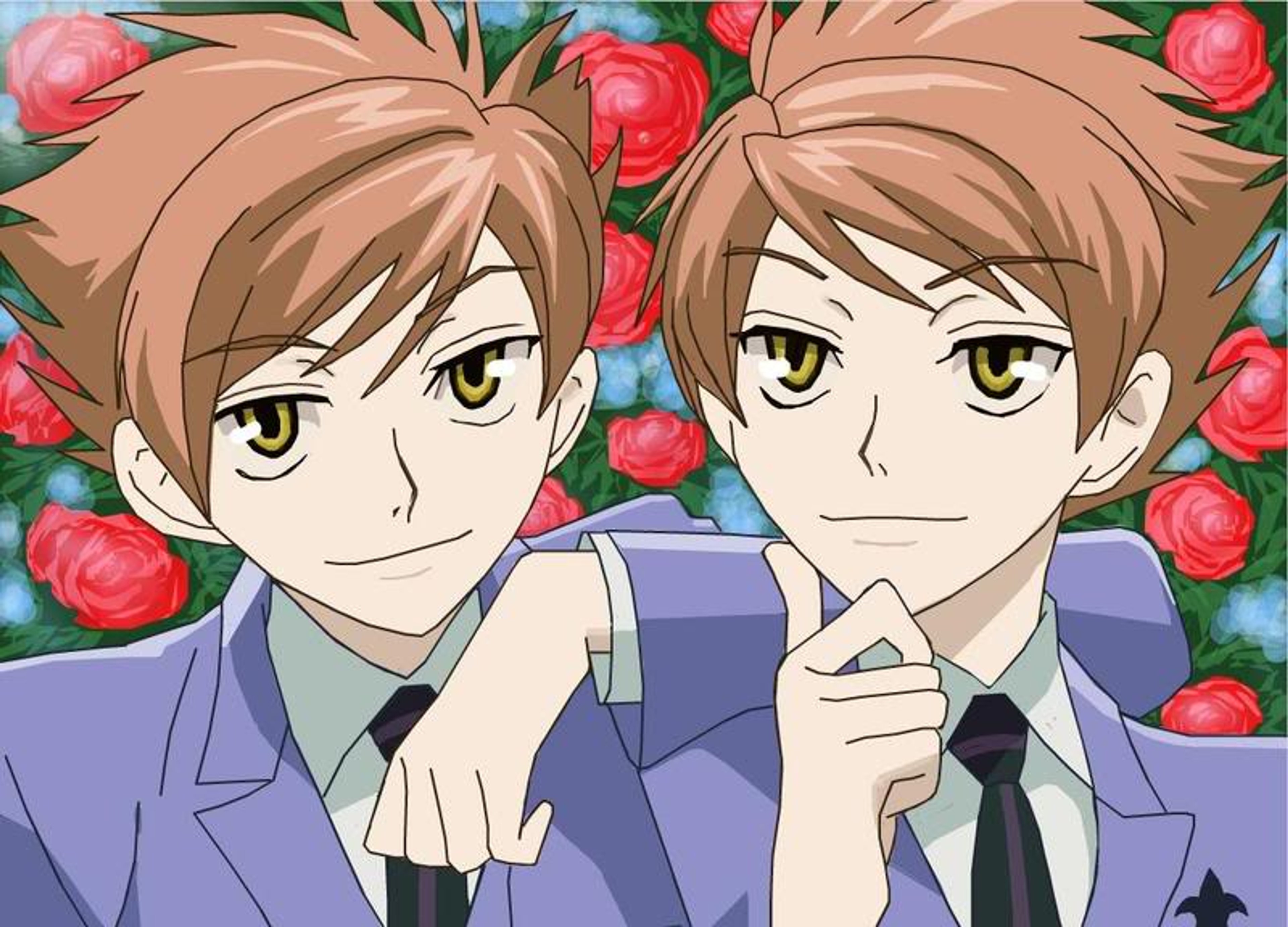 Two young men with similar appearances, likely twins, wearing school uniforms and making mischievous expressions.