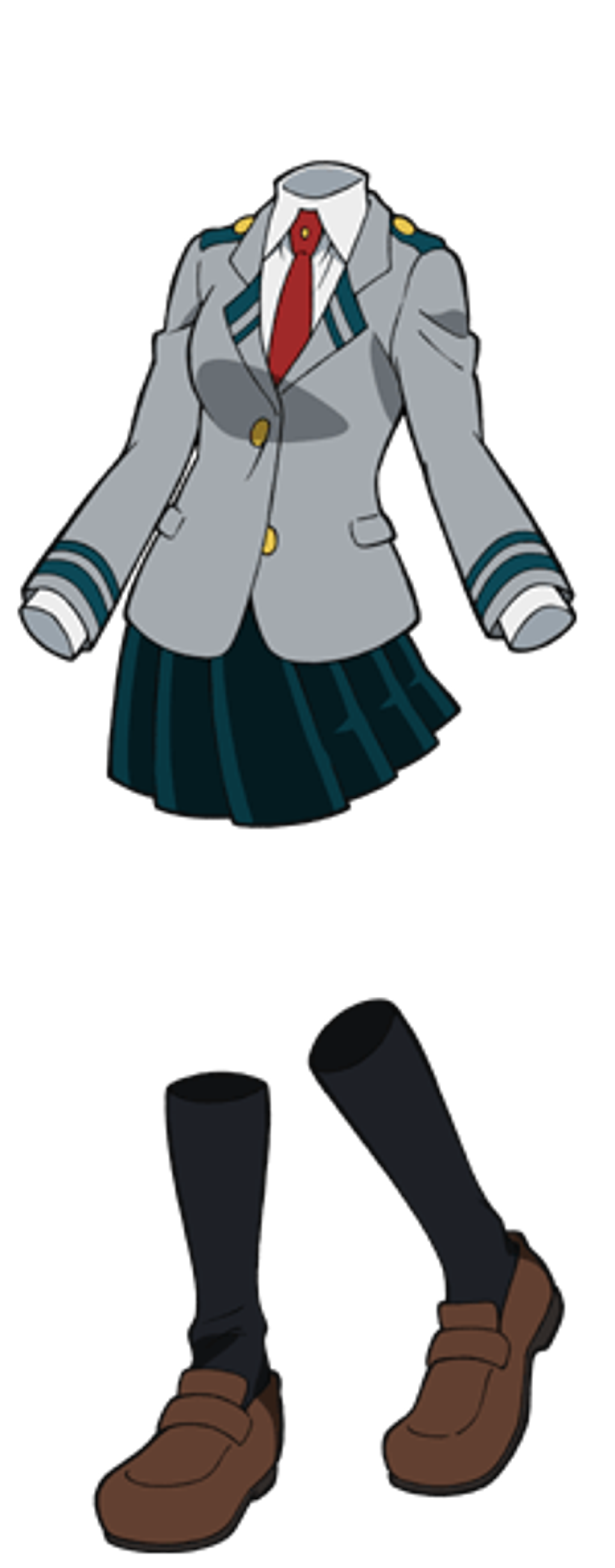 An anime-style character wearing a gray suit jacket, red tie, and dark blue skirt.