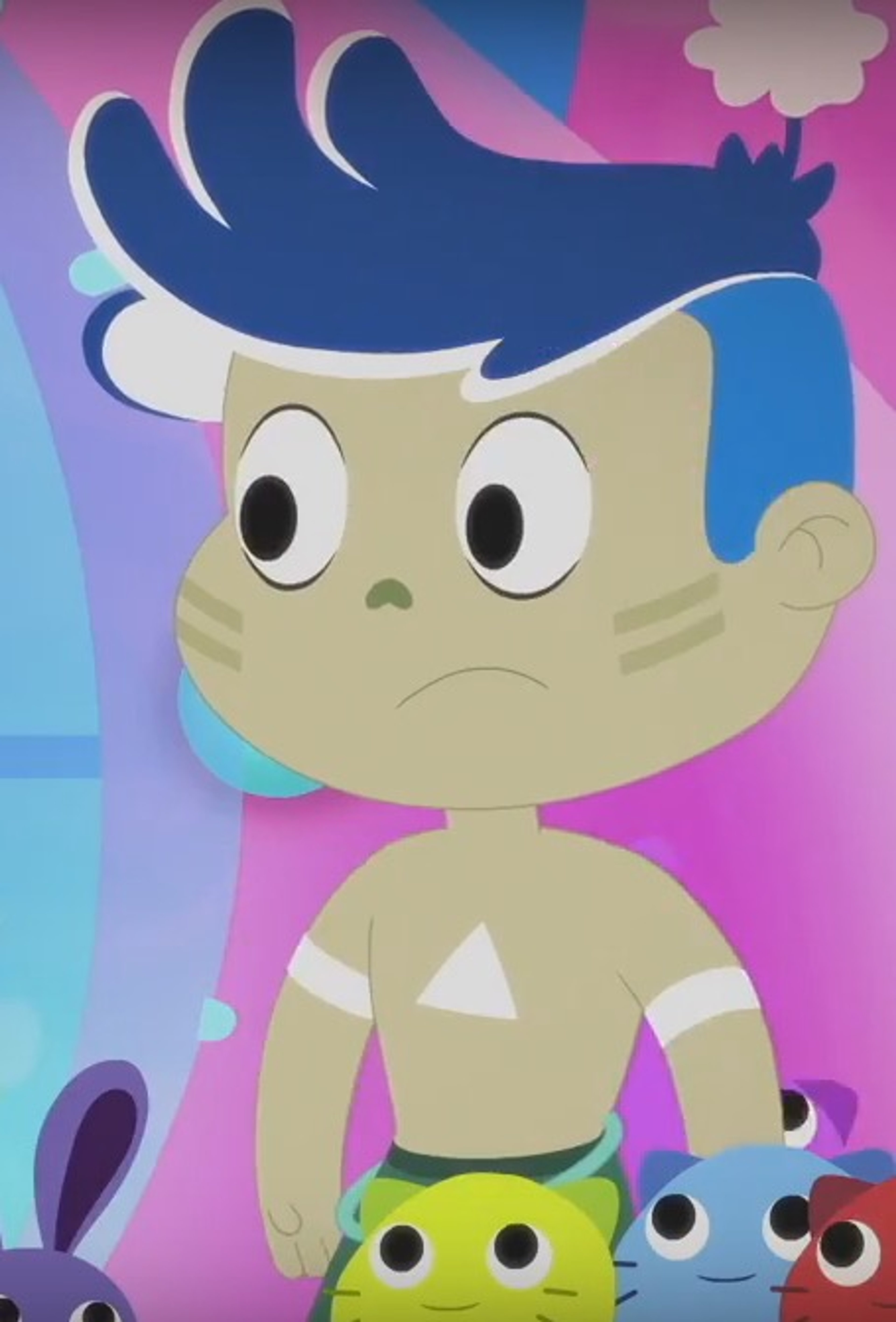 A cartoon character with an ocean-themed, surfer-like appearance