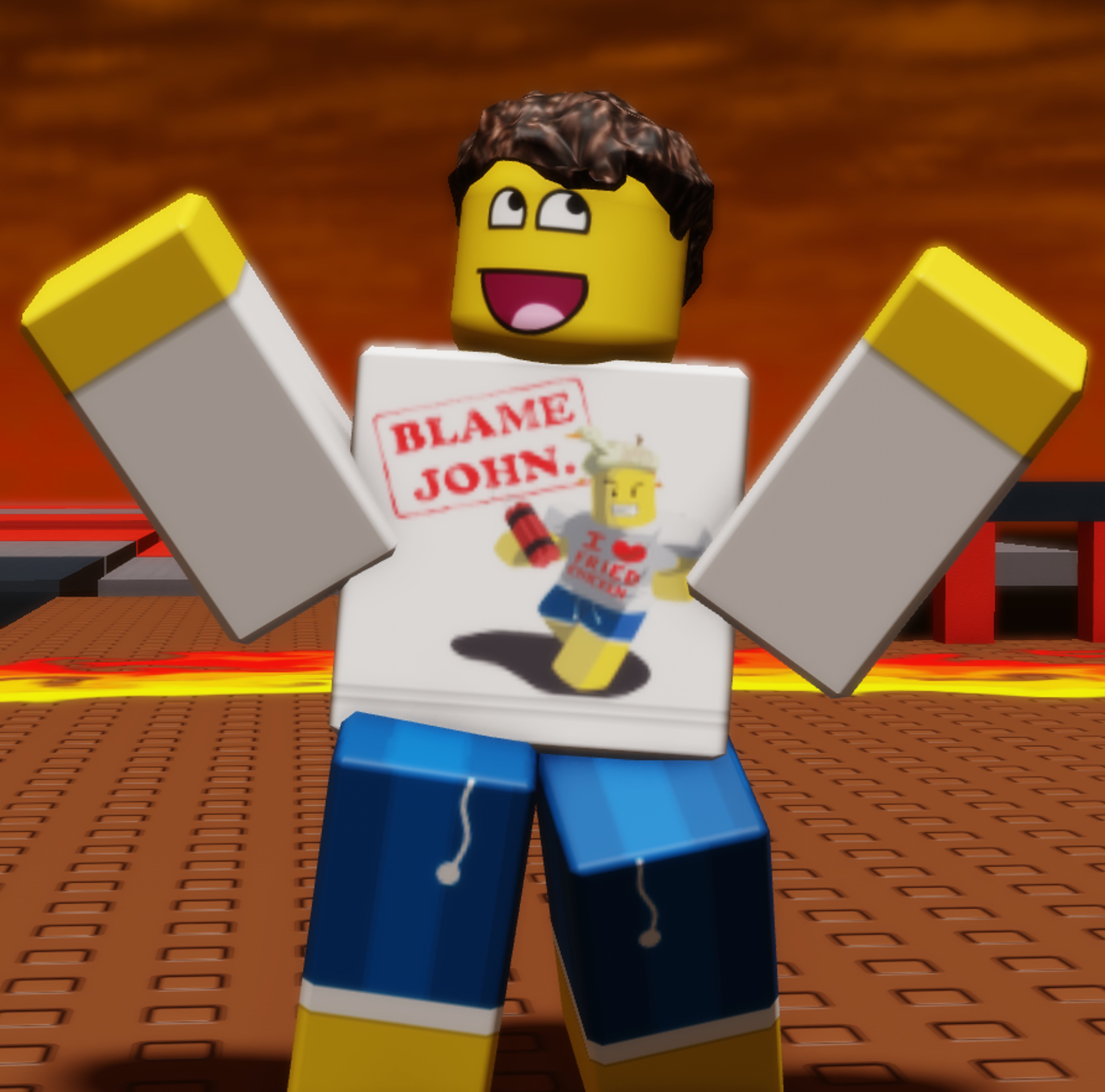 A cartoon-like Roblox character holding a 'Blame John!' sign
