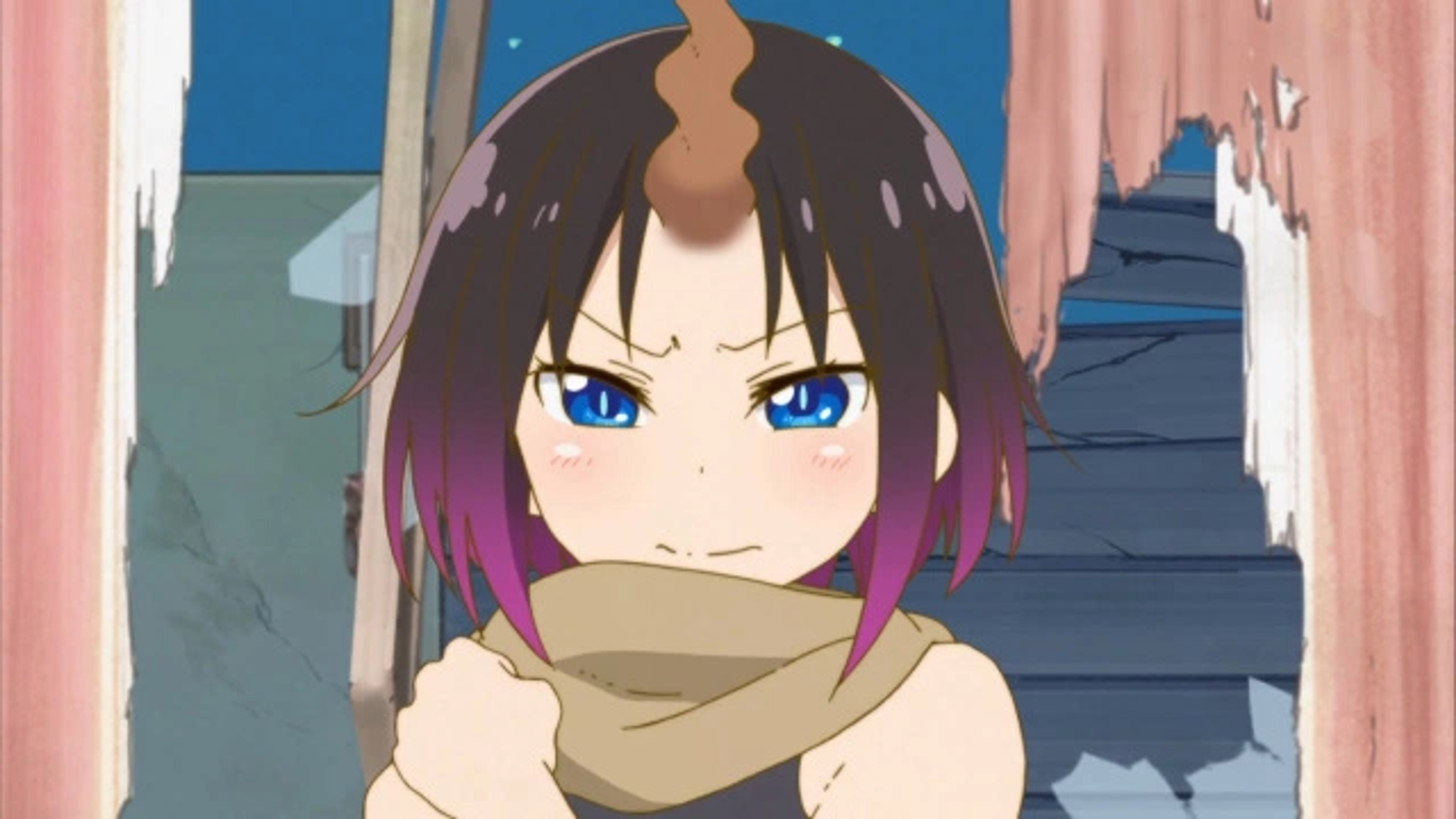 An anime-style character with dark purple hair and blue eyes, wearing a tan scarf.