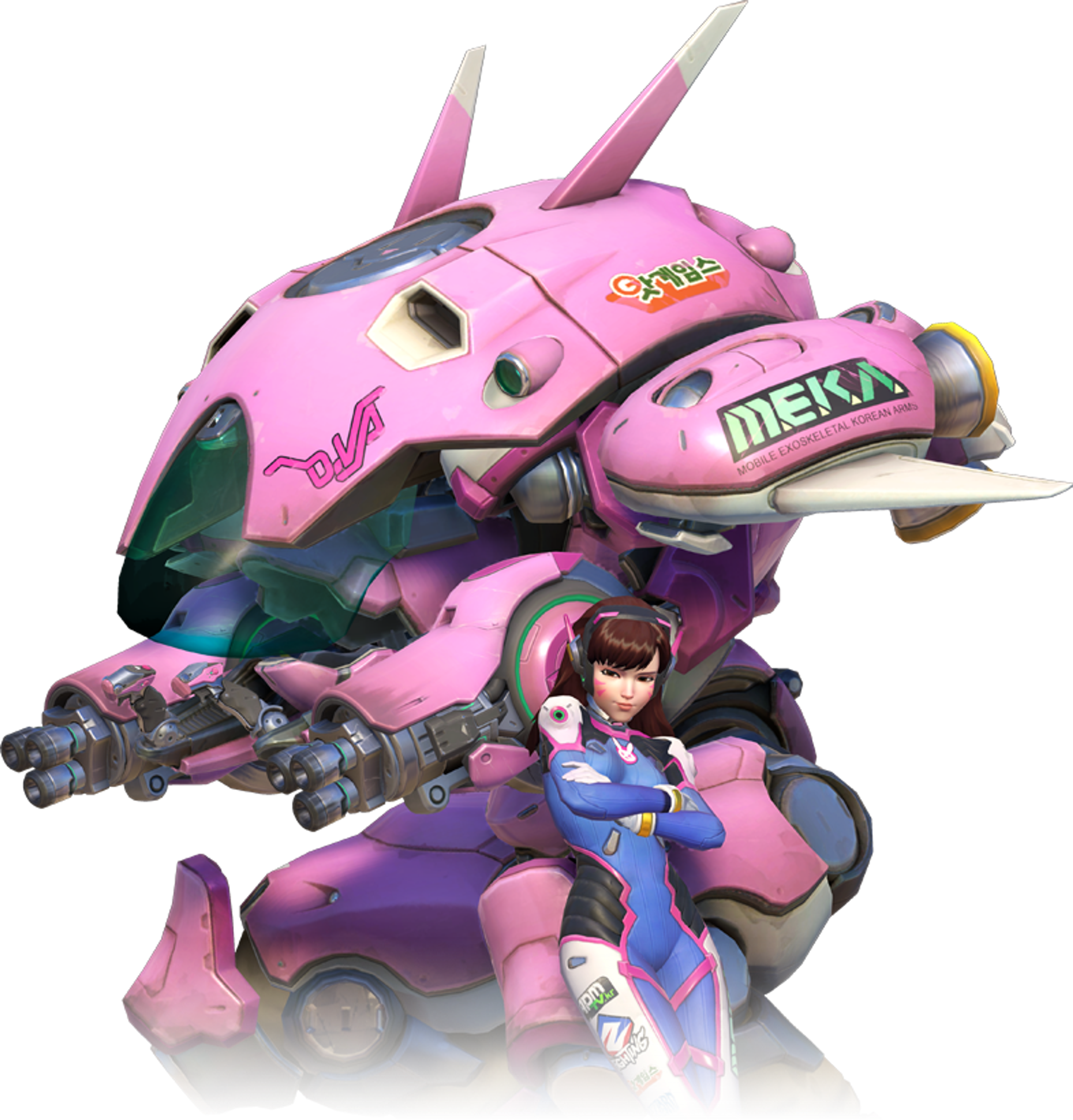 A female character named D.Va sitting in a large pink mech suit