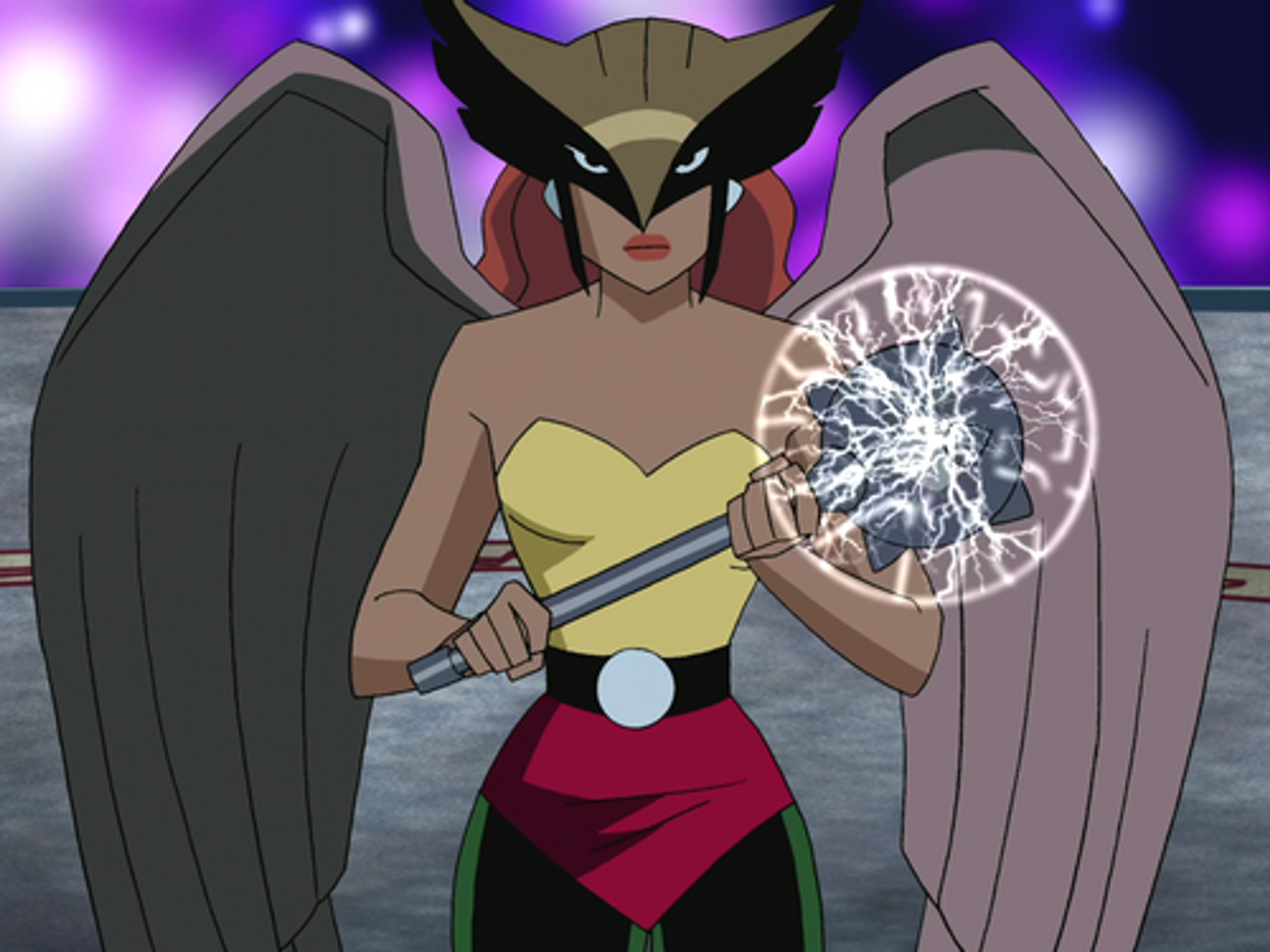 A female superhero character with winged armor and a mace, in a fighting stance.