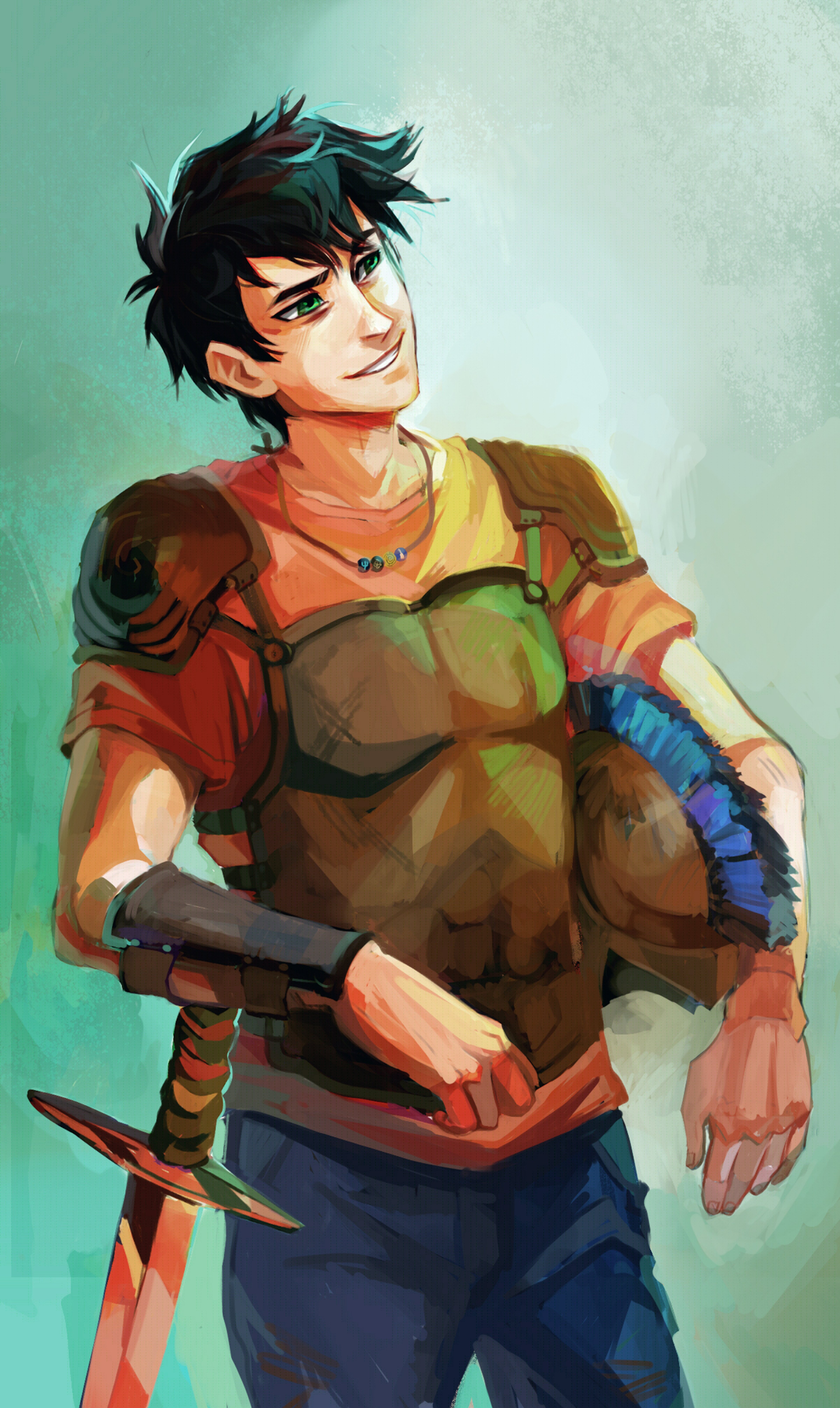 A young man with dark hair and a muscular build wearing a red and green outfit with armor-like elements, holding a weapon or tool.