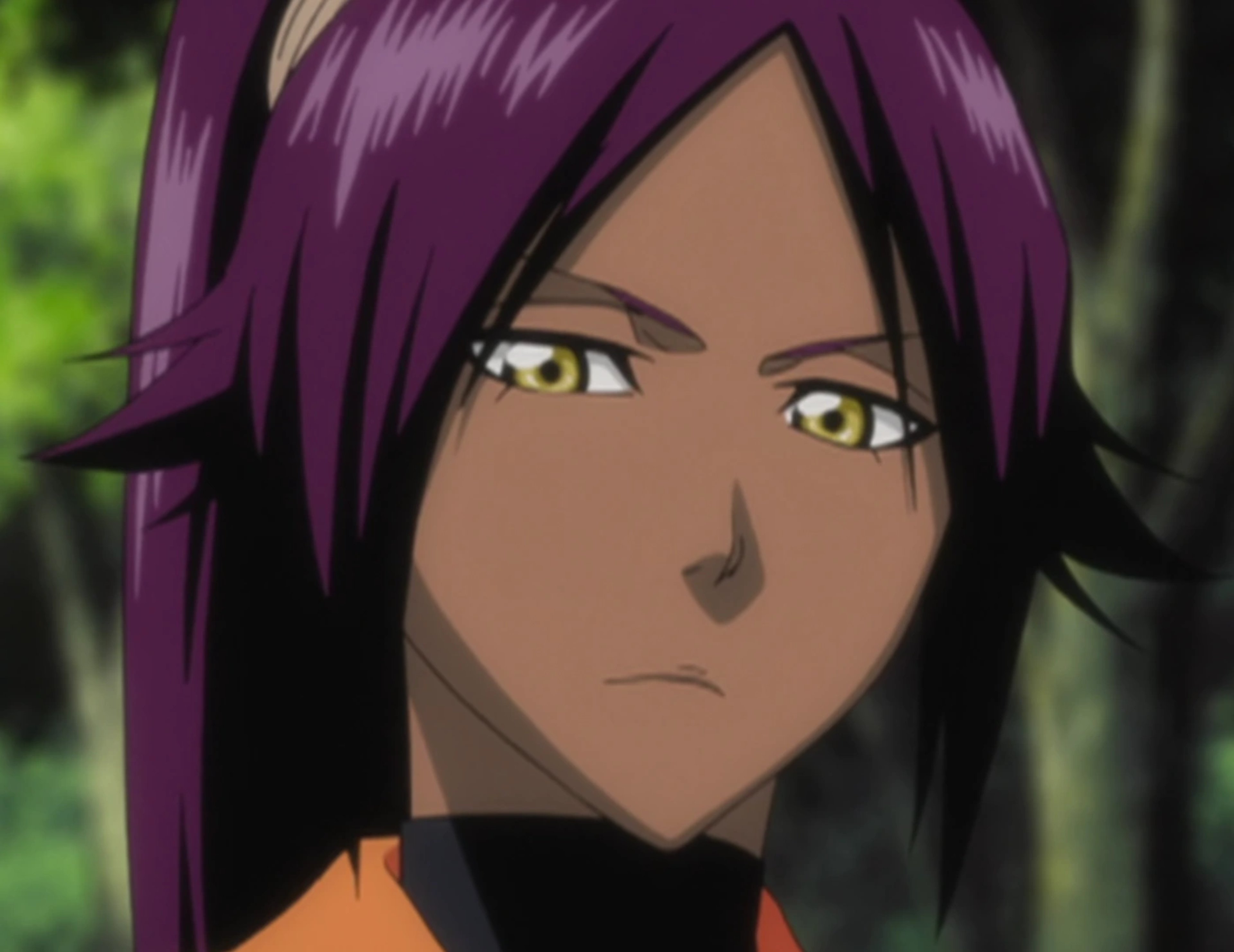 An anime character with purple hair and yellow eyes wearing a black outfit