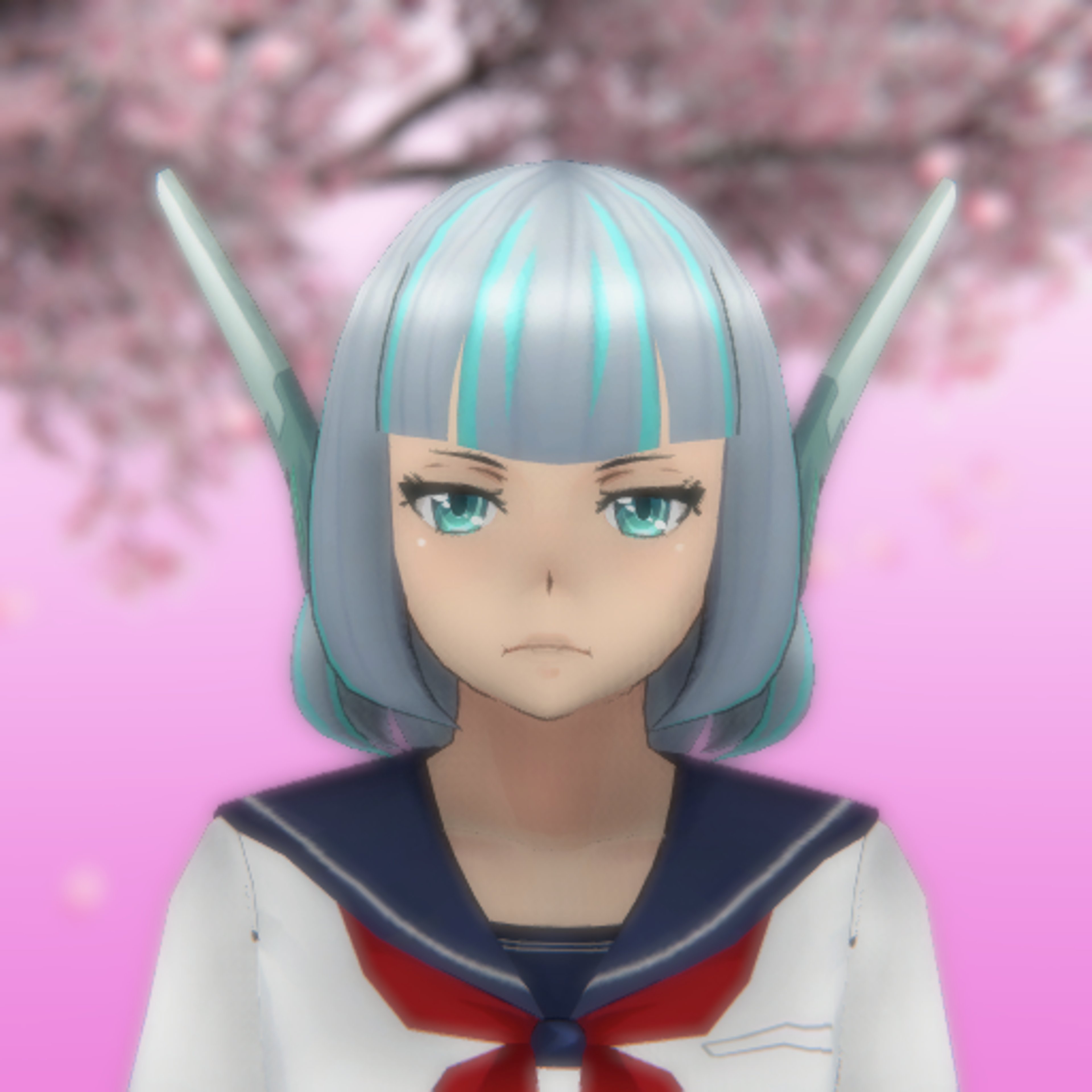 An anime-style character with blue-green streaked hair, robotic ears, and an AR headset