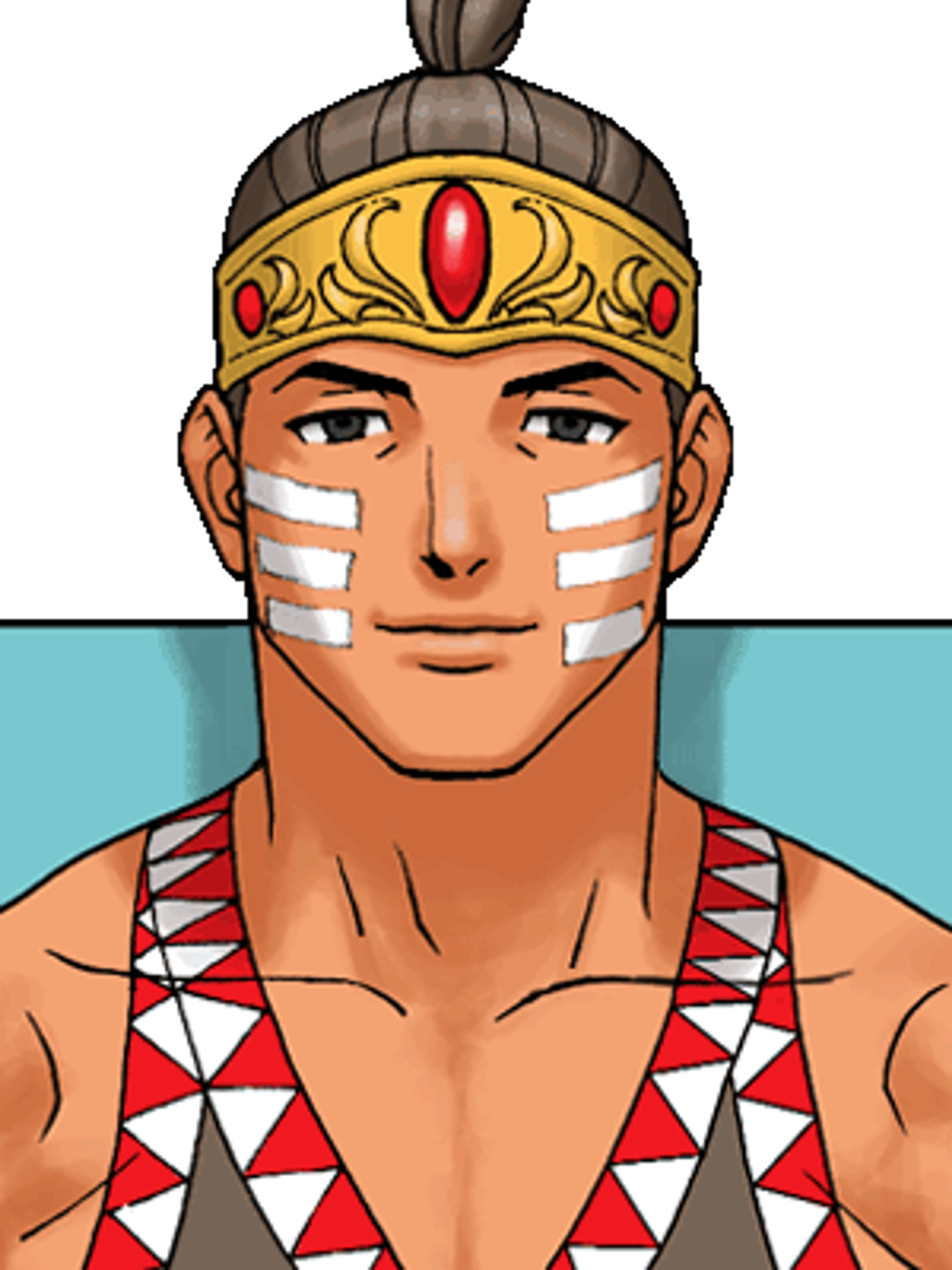 A muscular, shirtless male character with a tribal-style headdress and face paint