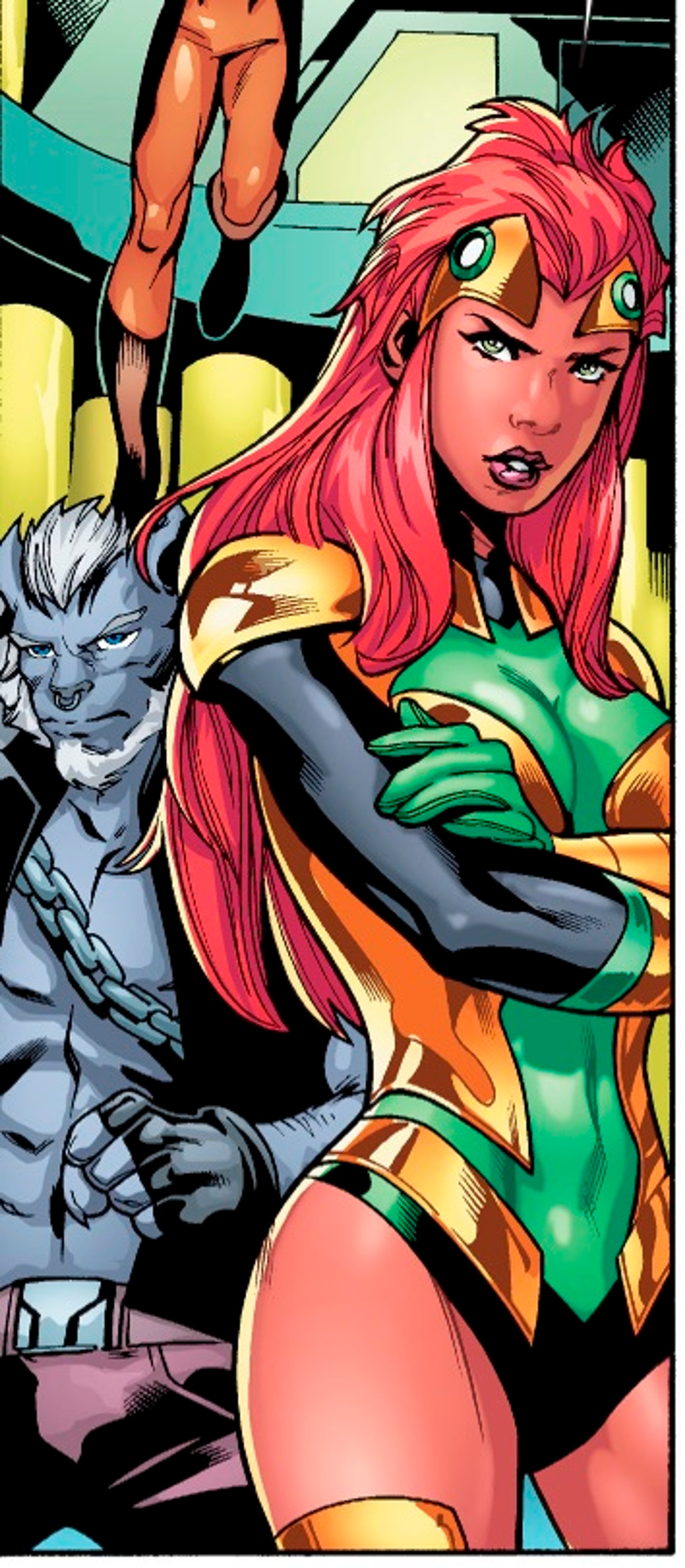 A powerful, confident-looking woman with red hair and green eyes wearing a green and orange costume.