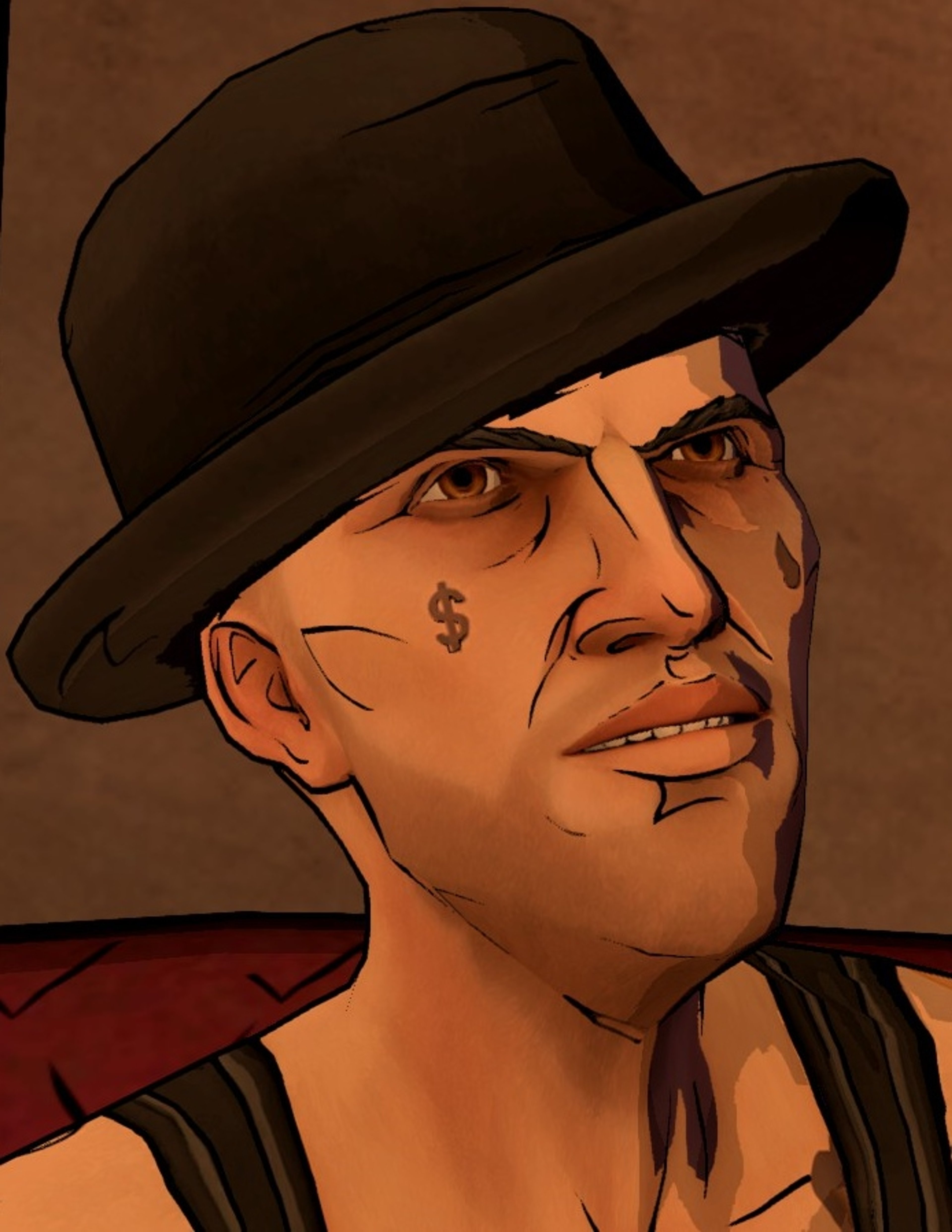 A man with a serious expression wearing a black hat and red jacket