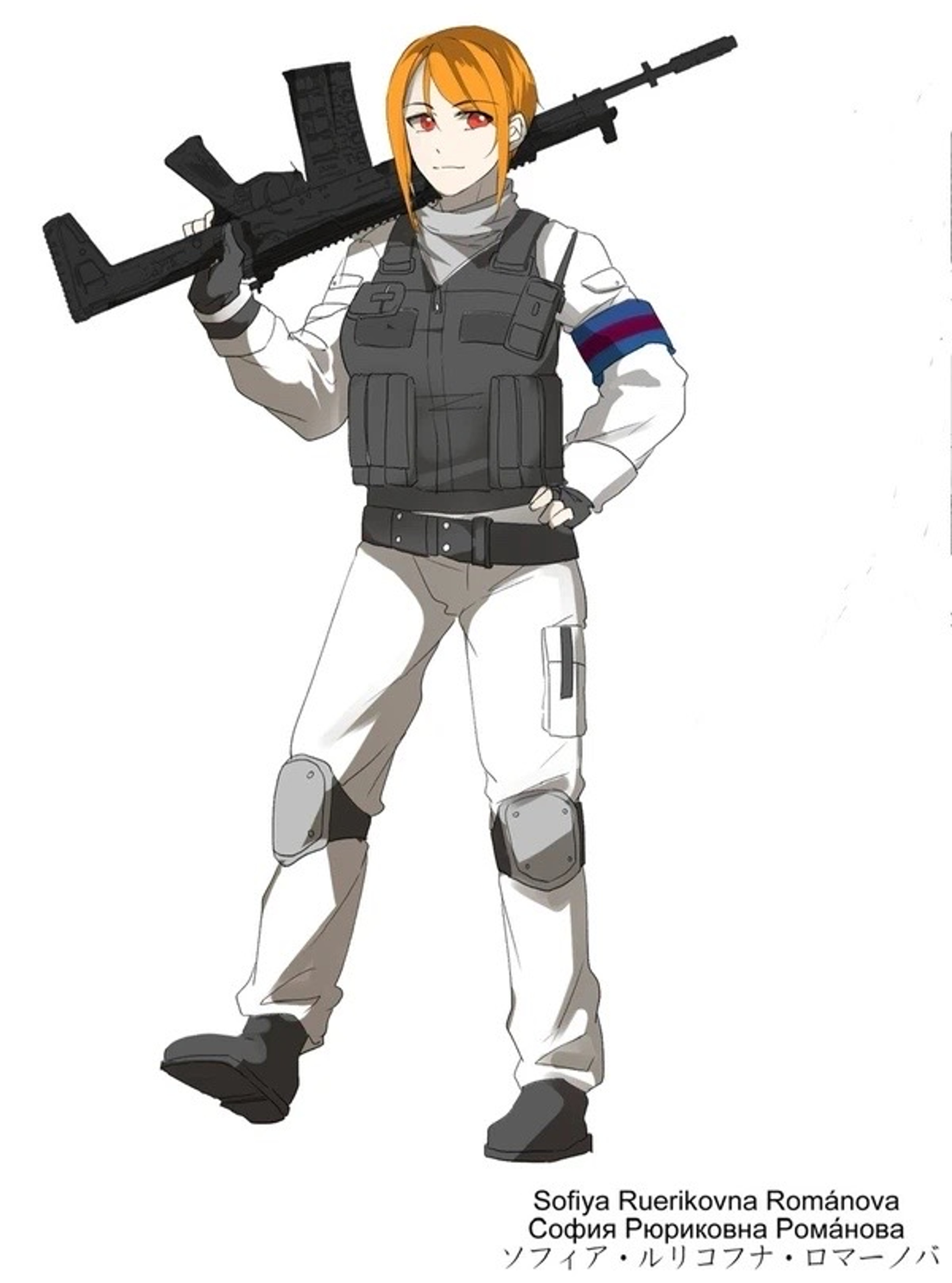 A young woman with orange hair and red eyes wearing a grey military uniform and holding a large black weapon.