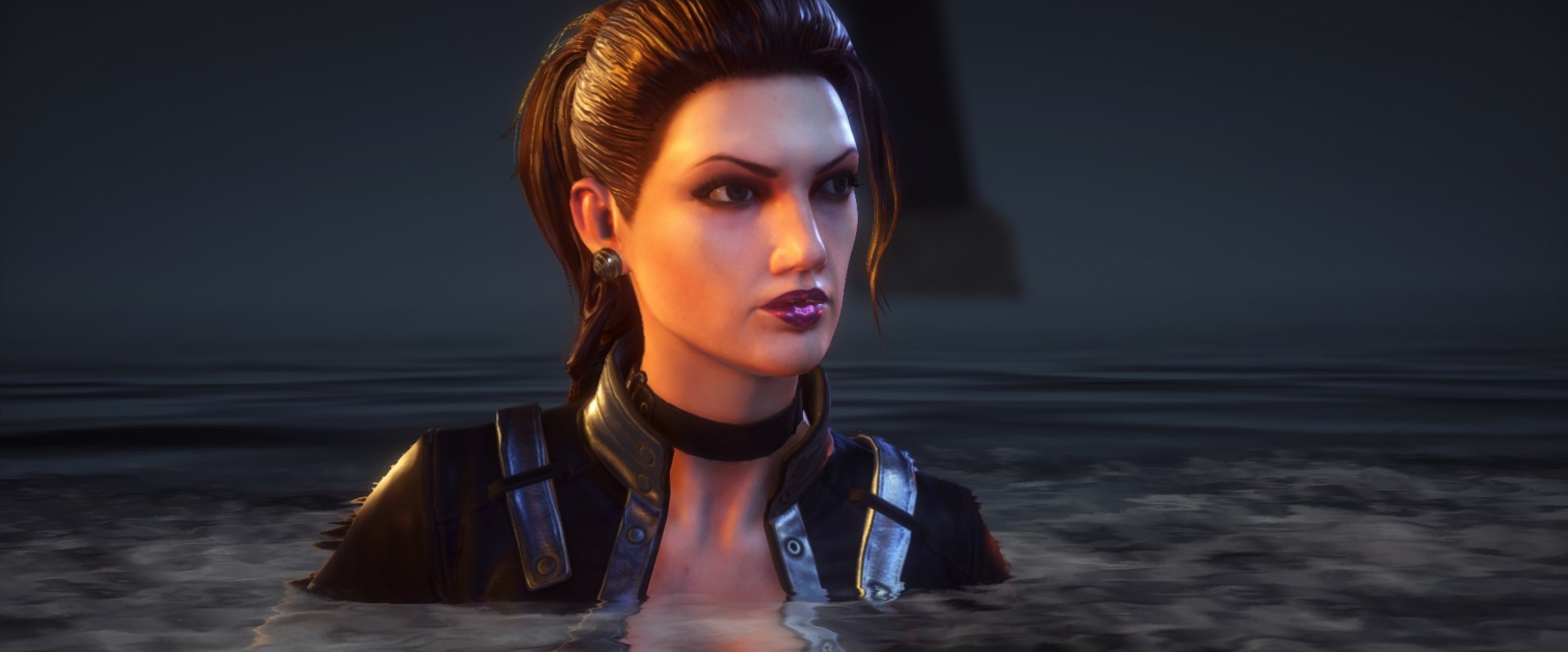 A woman with dark hair wearing a black leather jacket in an intense, serious expression