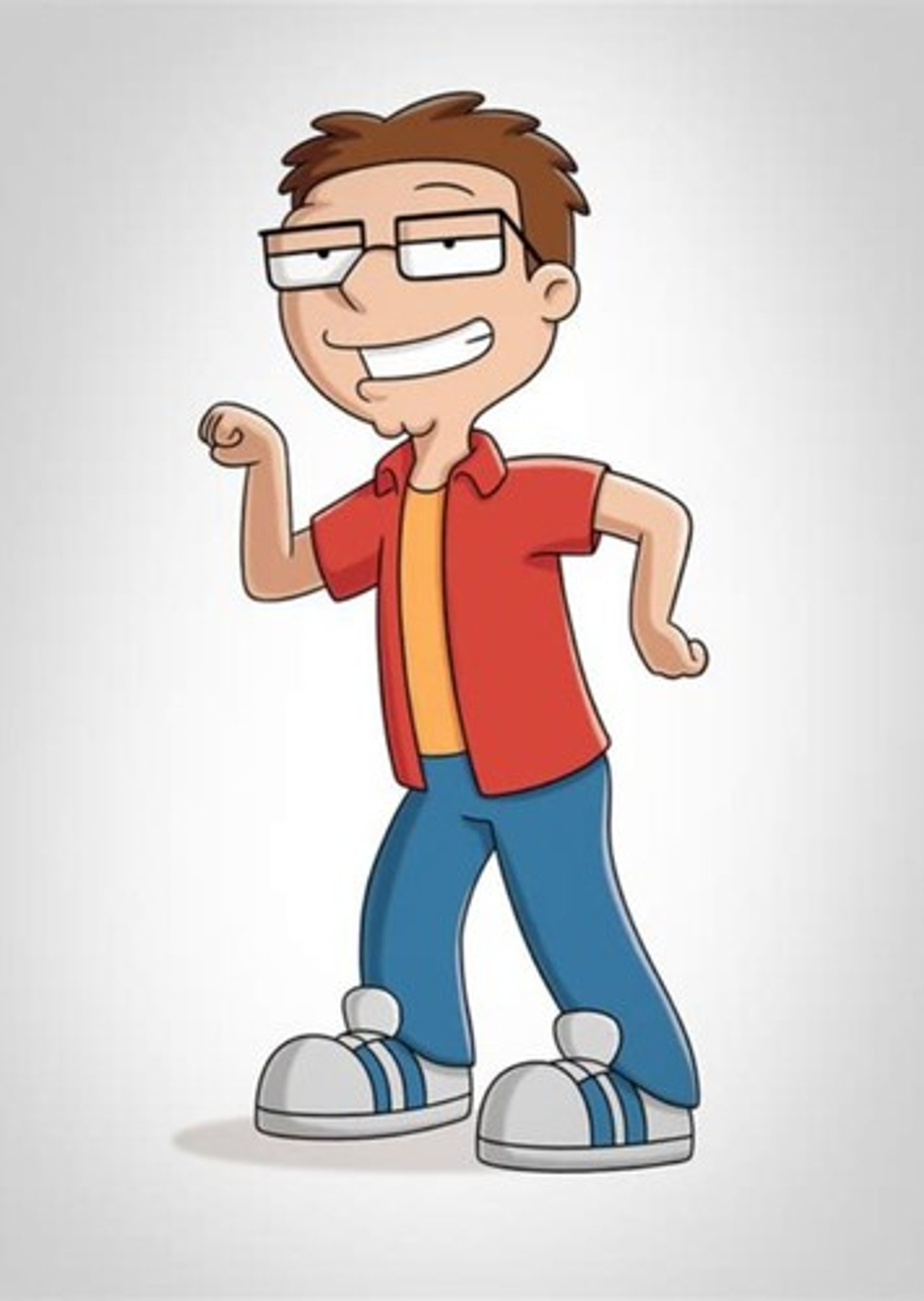A cartoon character of a nerdy teenage boy with glasses and a red shirt