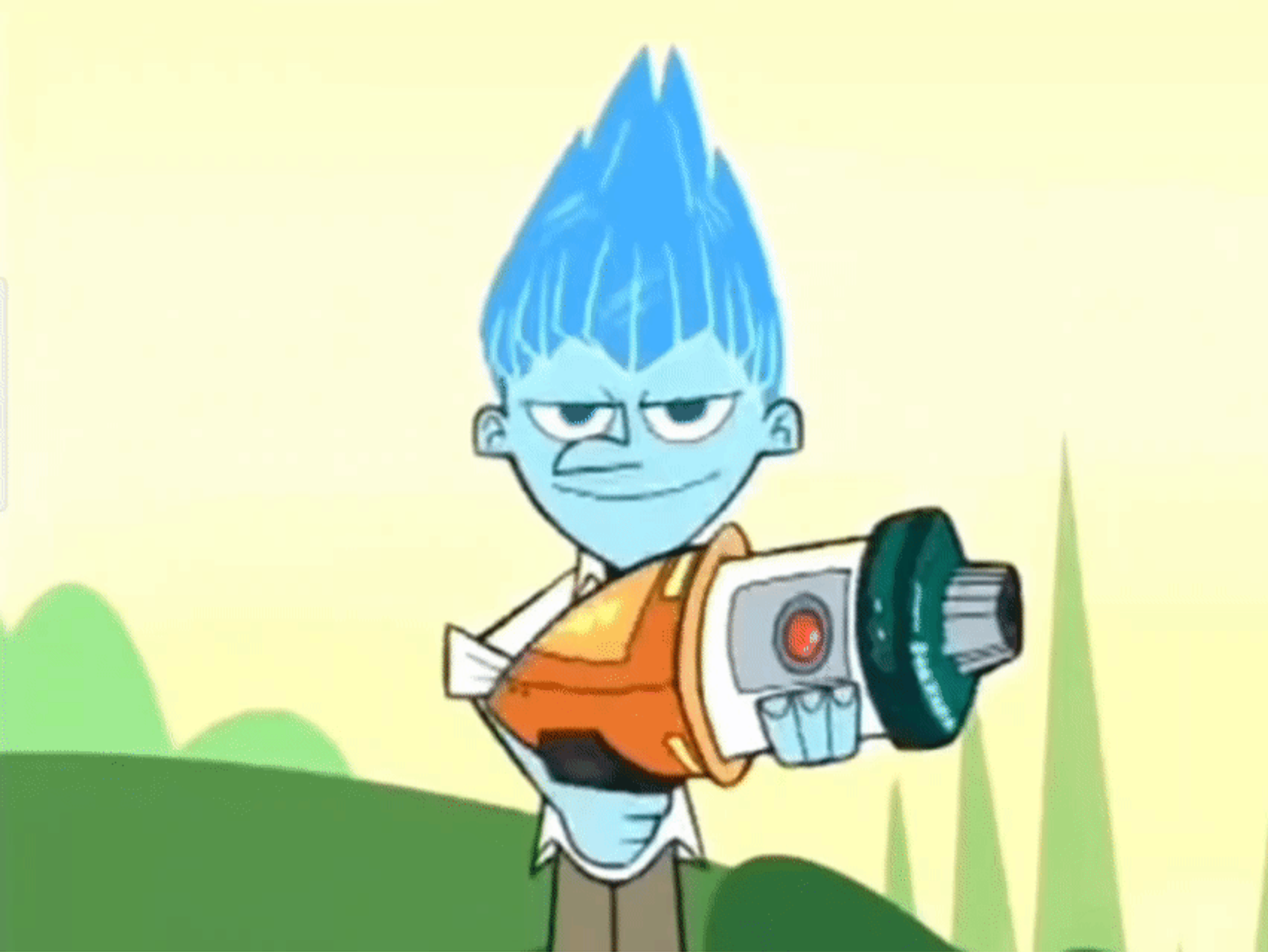 An animated character with blue spiky hair, wearing an orange jumpsuit and holding a futuristic weapon.