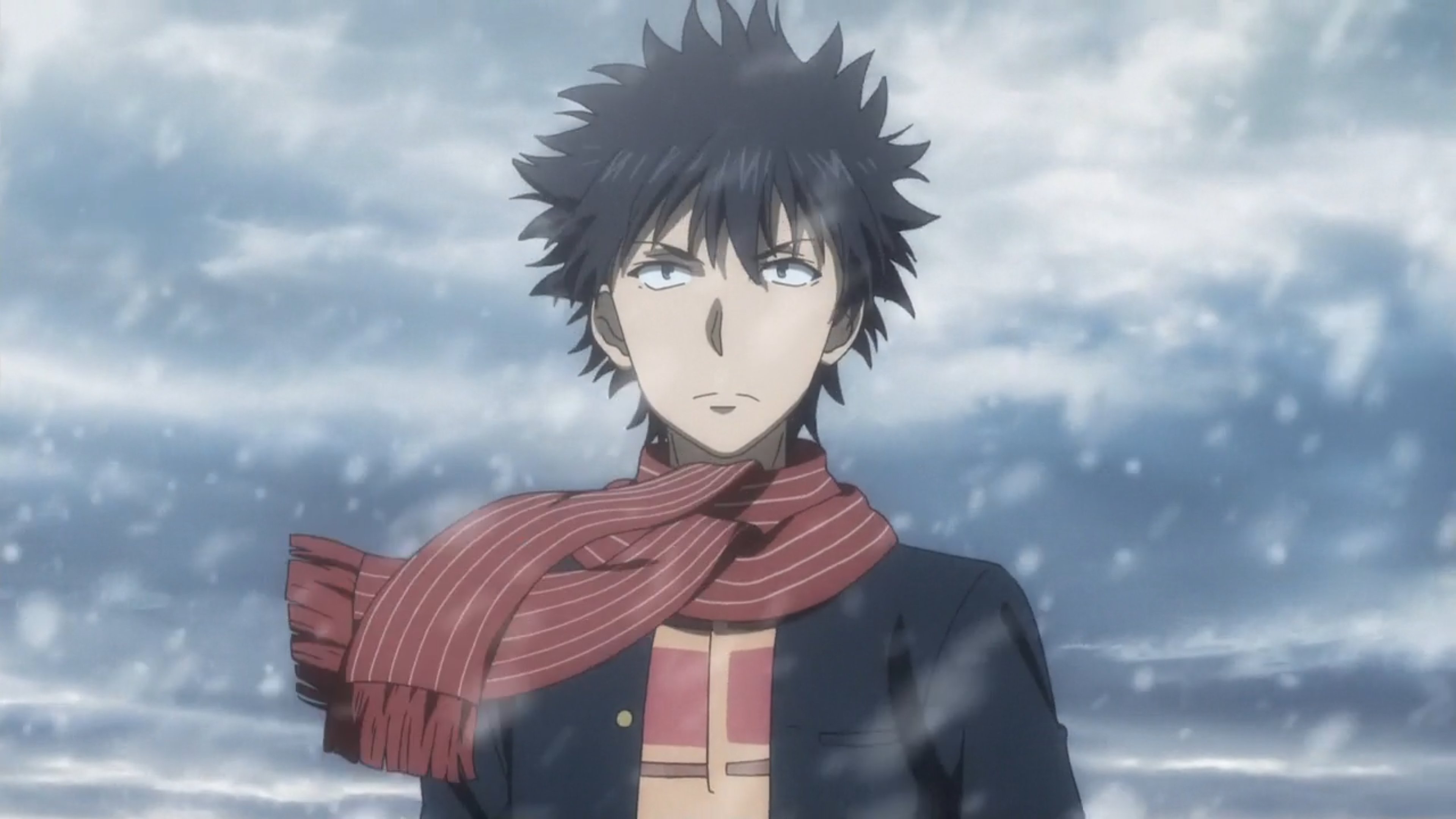 An anime-style character with spiky black hair, wearing a red scarf and a dark jacket, in a snowy or cloudy outdoor setting.