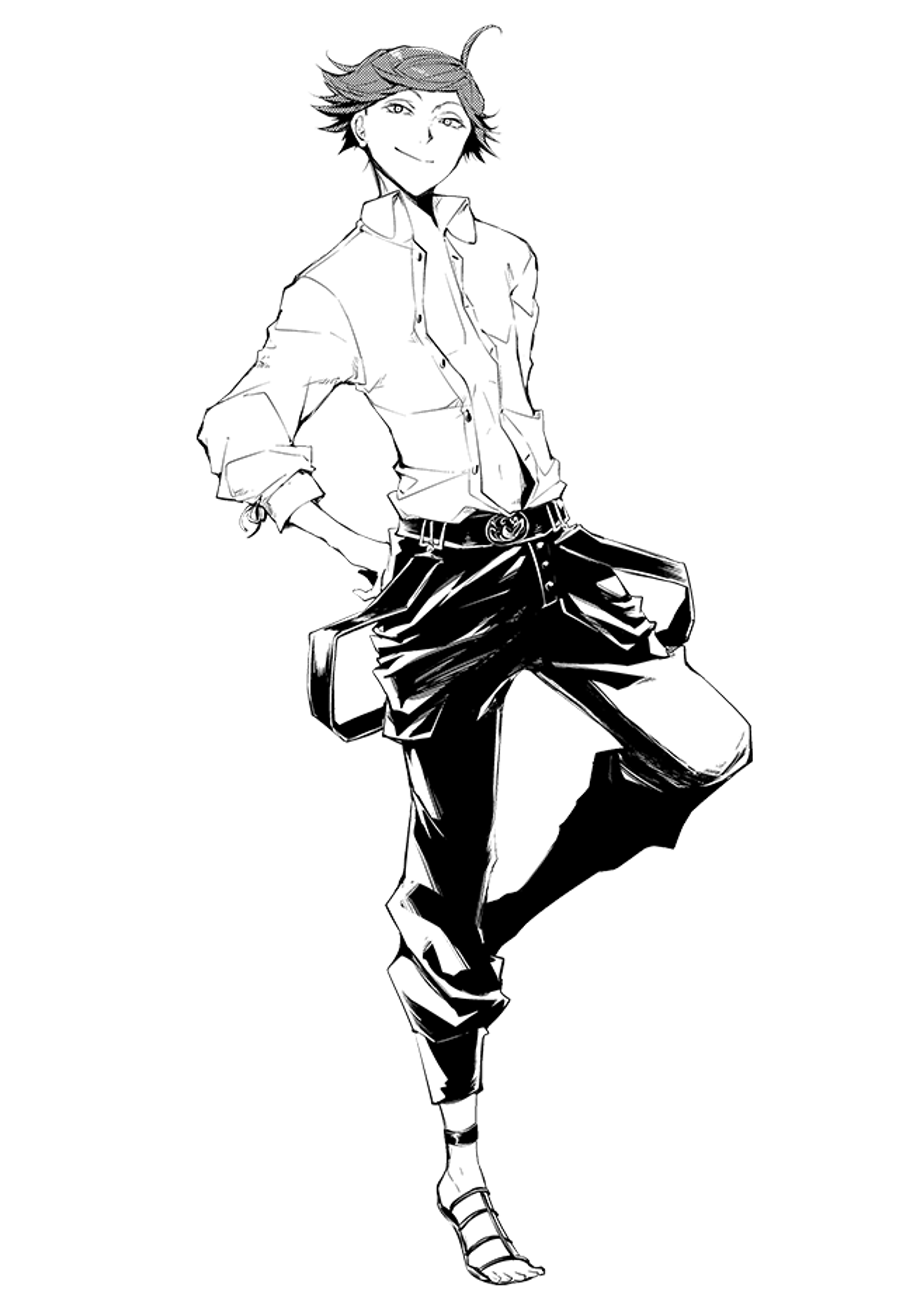 A young man with dark orange hair and green eyes, wearing a white shirt and black pants with suspenders.