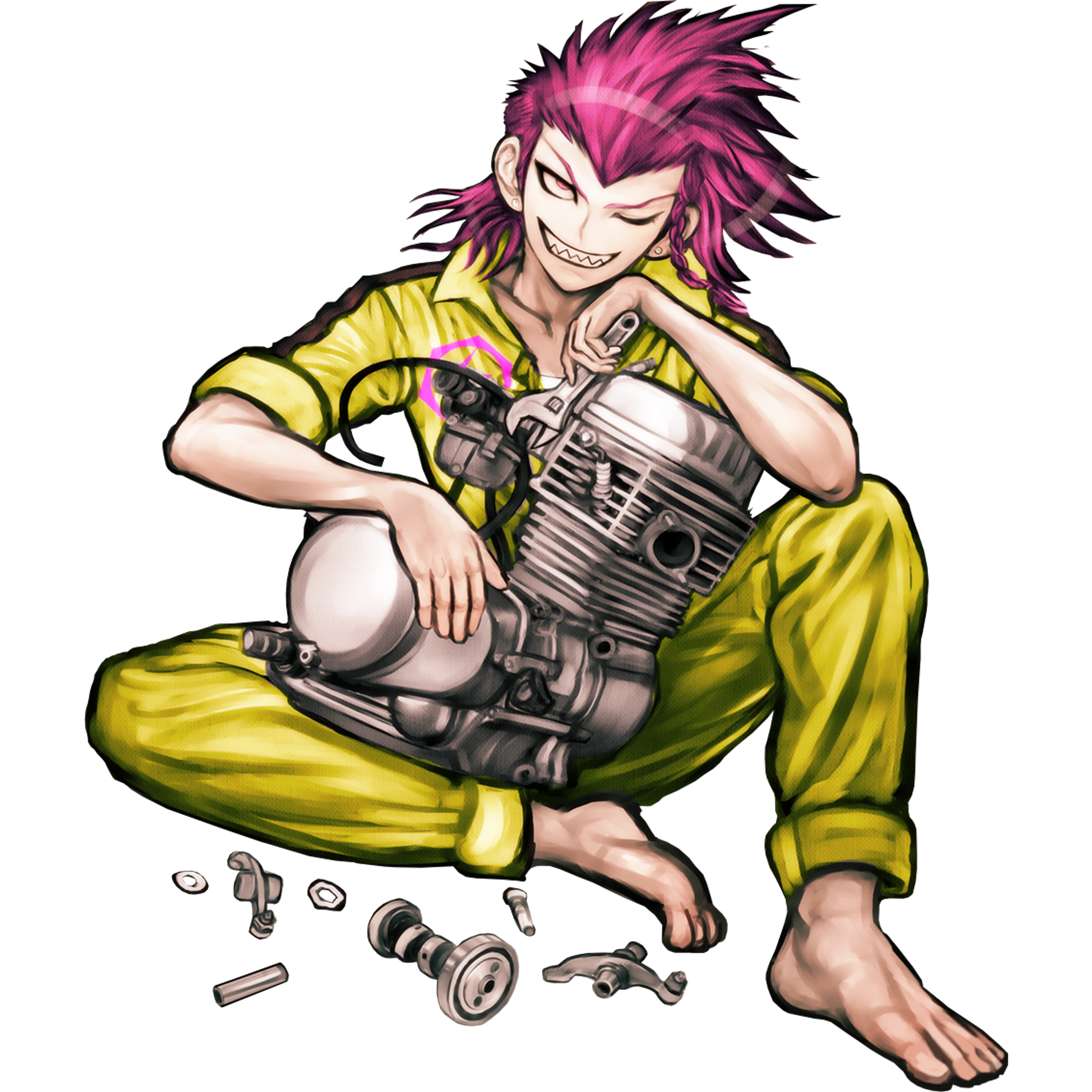 An anime-style character with pink hair and sharp teeth working on mechanical equipment