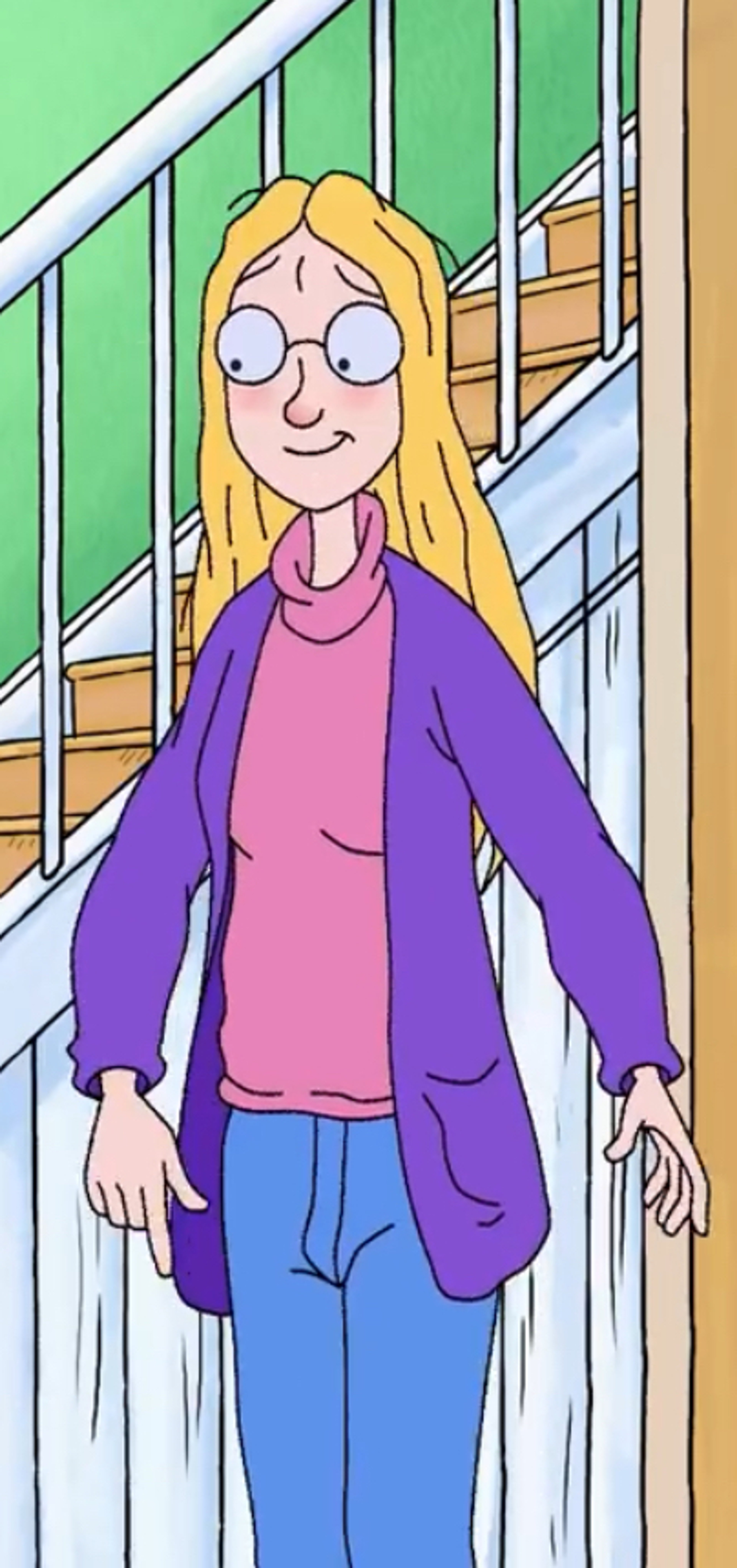 A middle-aged woman with glasses and a purple cardigan