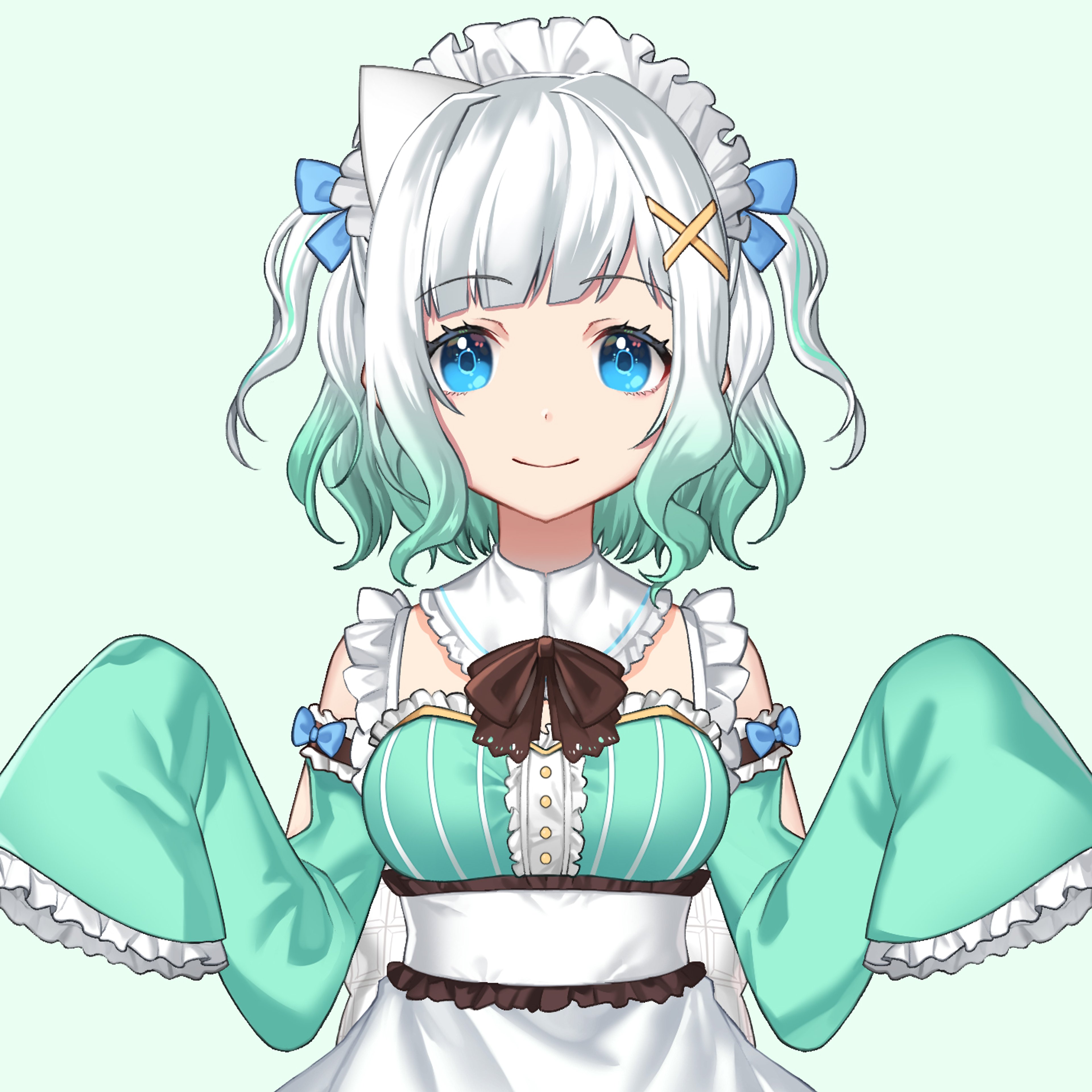 An anime-style virtual YouTuber character with light green hair, blue eyes, and a maid-style outfit