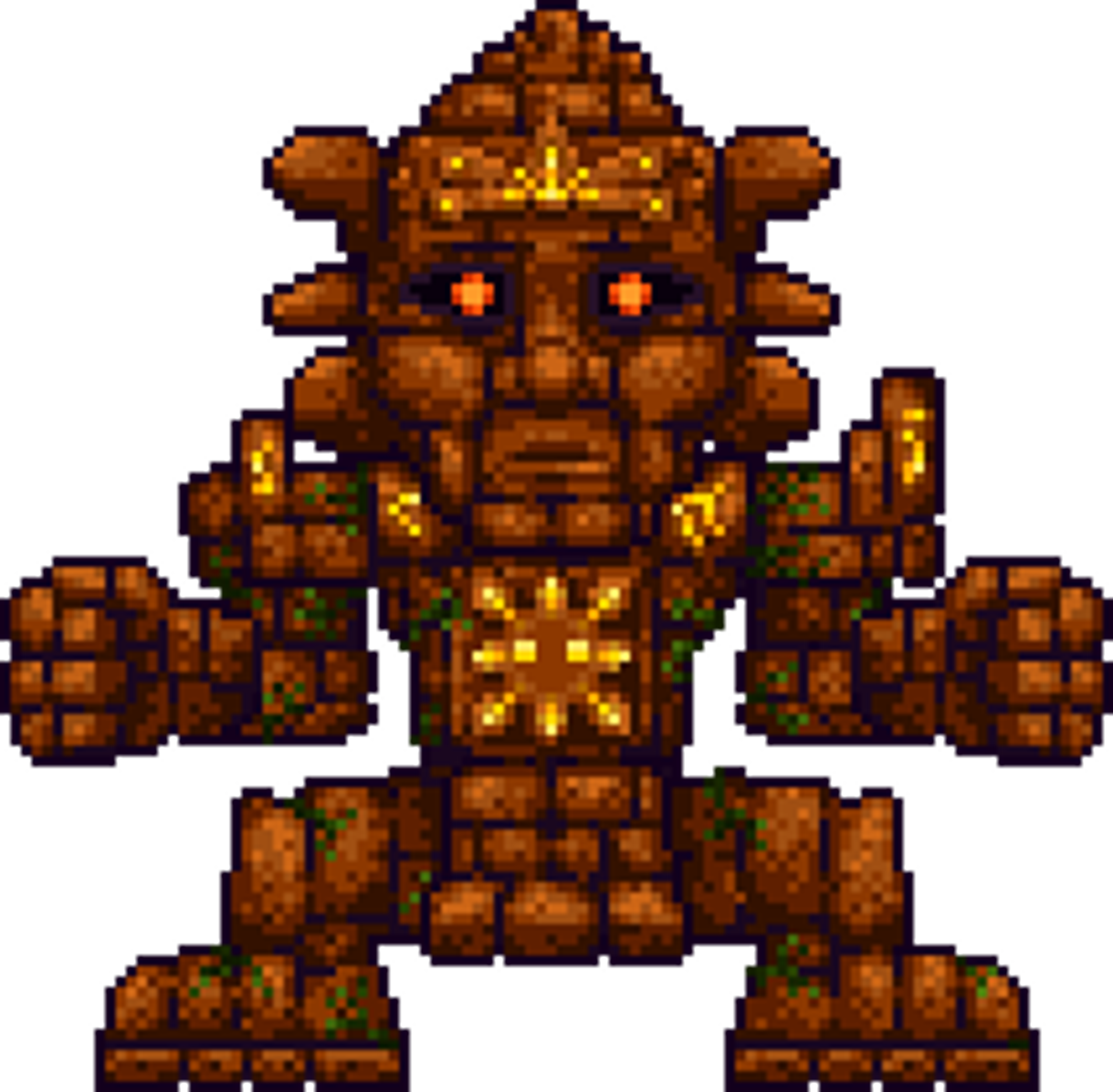 A large, ancient stone construct with glowing eyes and massive fists, appearing to be a mechanical guardian or sentinel.